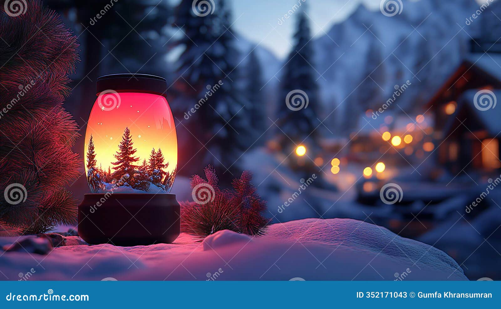 cozy lantern illuminating snowy landscape with pine trees and mountains, creating warm atmosphere in winter. soft glow enhances