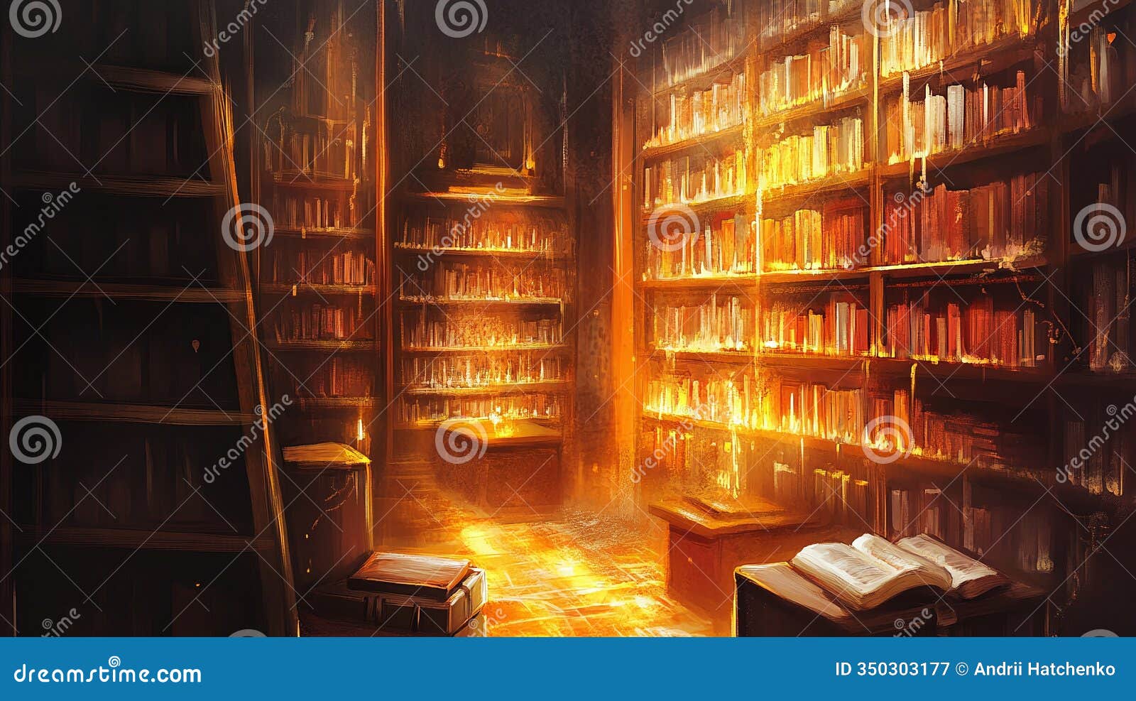 a cozy library where books float on glowing shelves.