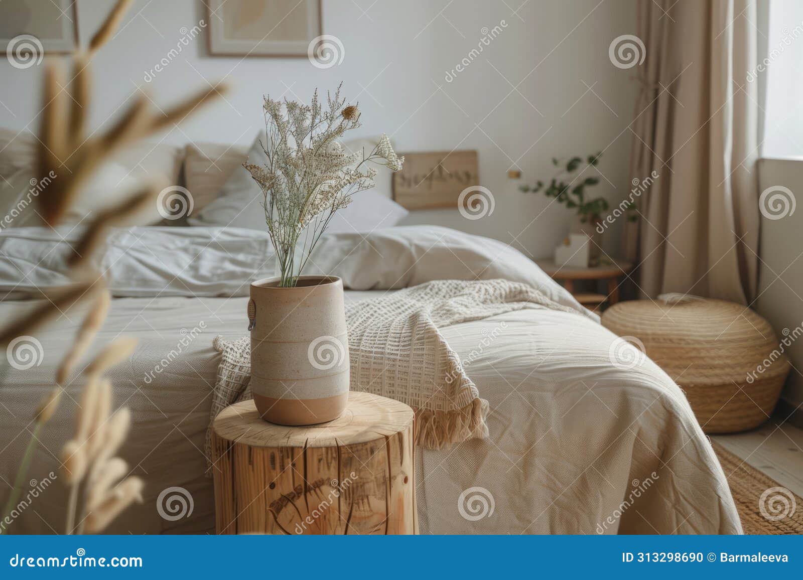 Cozy Light Bedroom with Table. Comfortable Bed in Elegant Classic