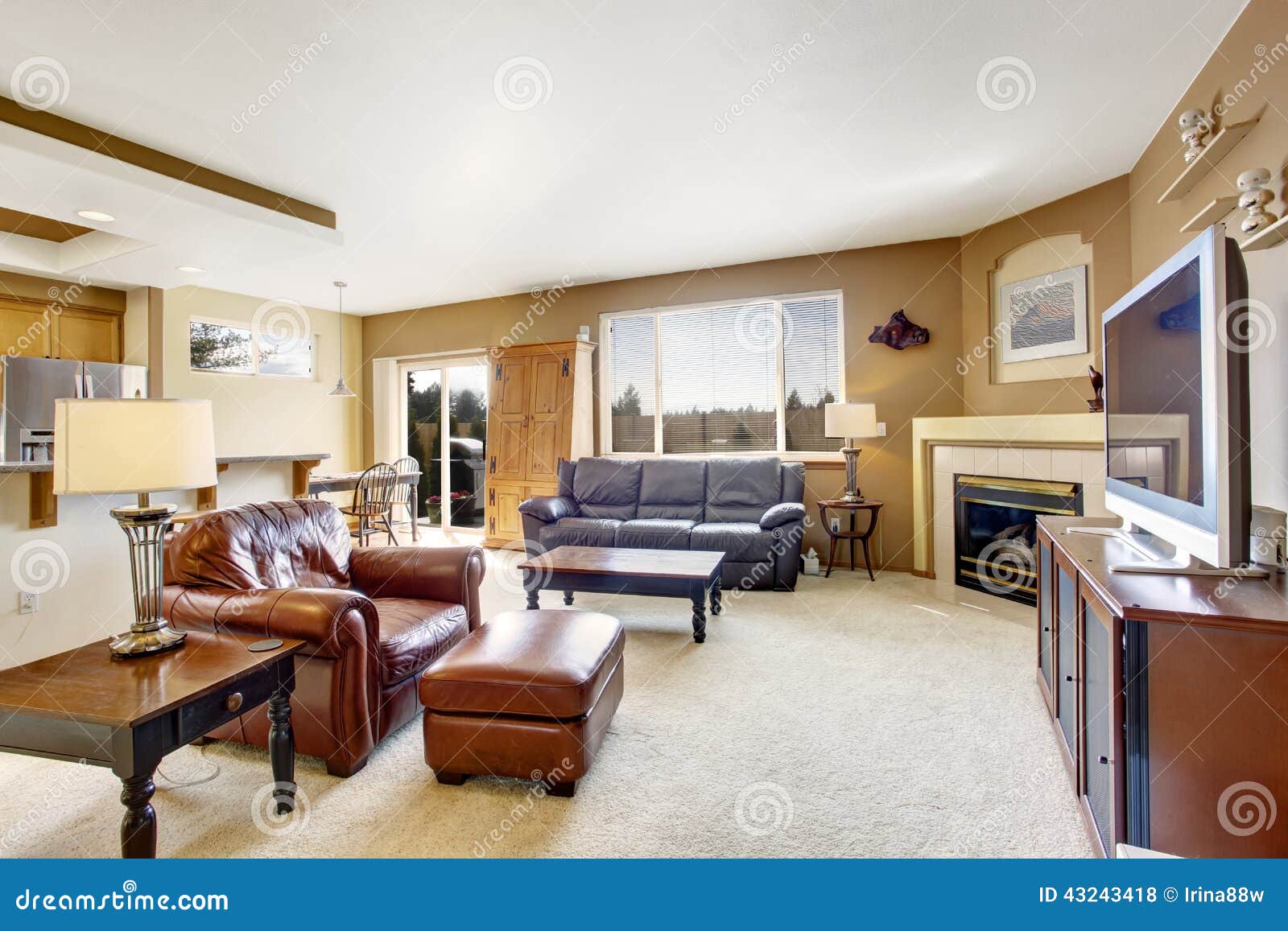 Cozy Living Room With Fireplace And Leather Couch Stock ...