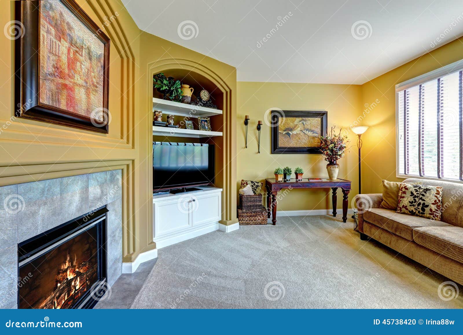 Cozy Living Room with Fireplace and TV Stock Photo Image of walls