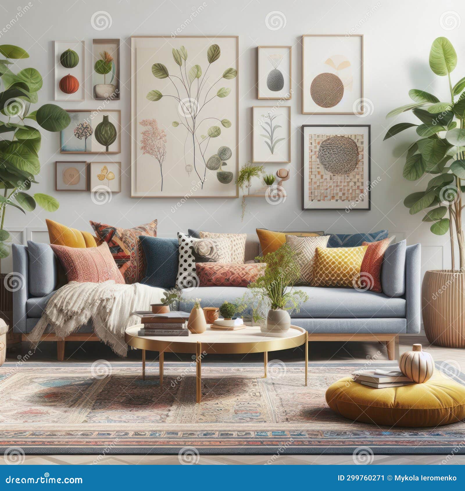 A Cozy Living Room with a Large Sofa and Paintings on the Wall. Stock