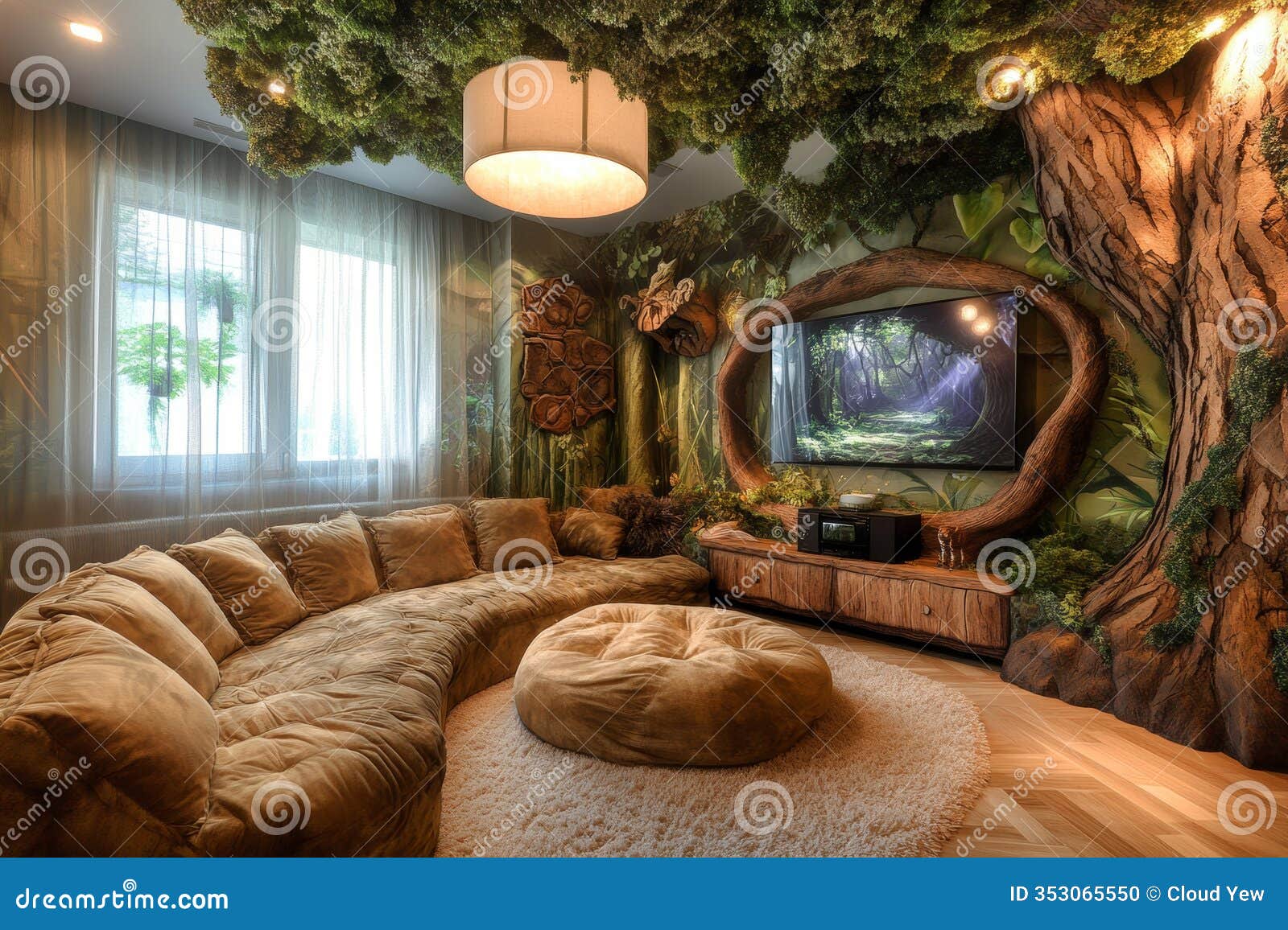 cozy living room with nature-inspired decor featuring plush sofa and forest-themed wall art