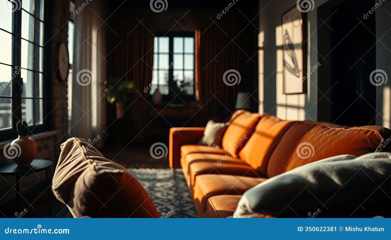 cozy living room orange velvet sofa throw pillow large window wall art wooden shelving eclectic deco houseplants