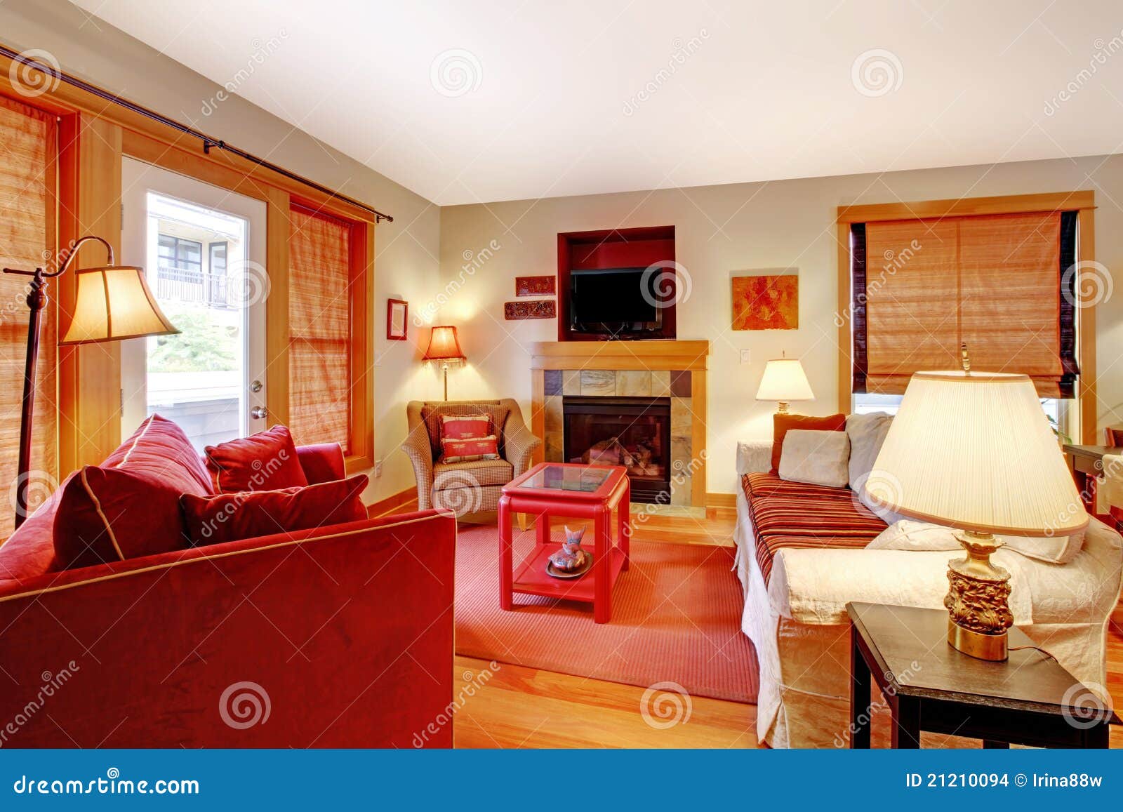 Cozy Living Room with Red Sofa and Fireplace Stock Photo Image of