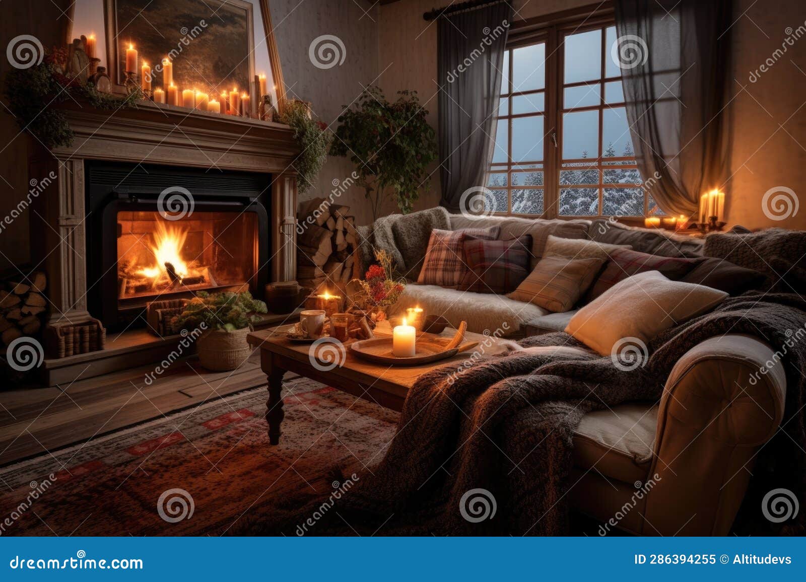 Premium AI Image  A warm room with a fireplace and a blanket on