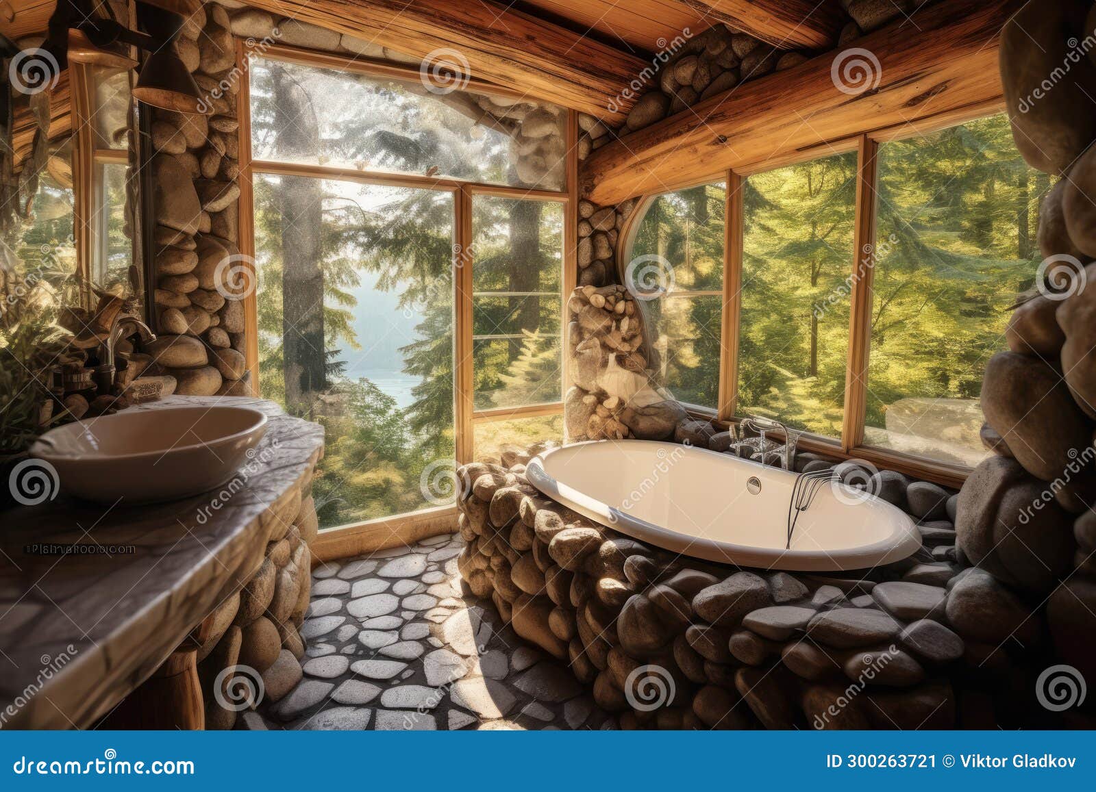 Rustic Log Cabin Bathroom with Forest View. Generative AI Stock Image ...