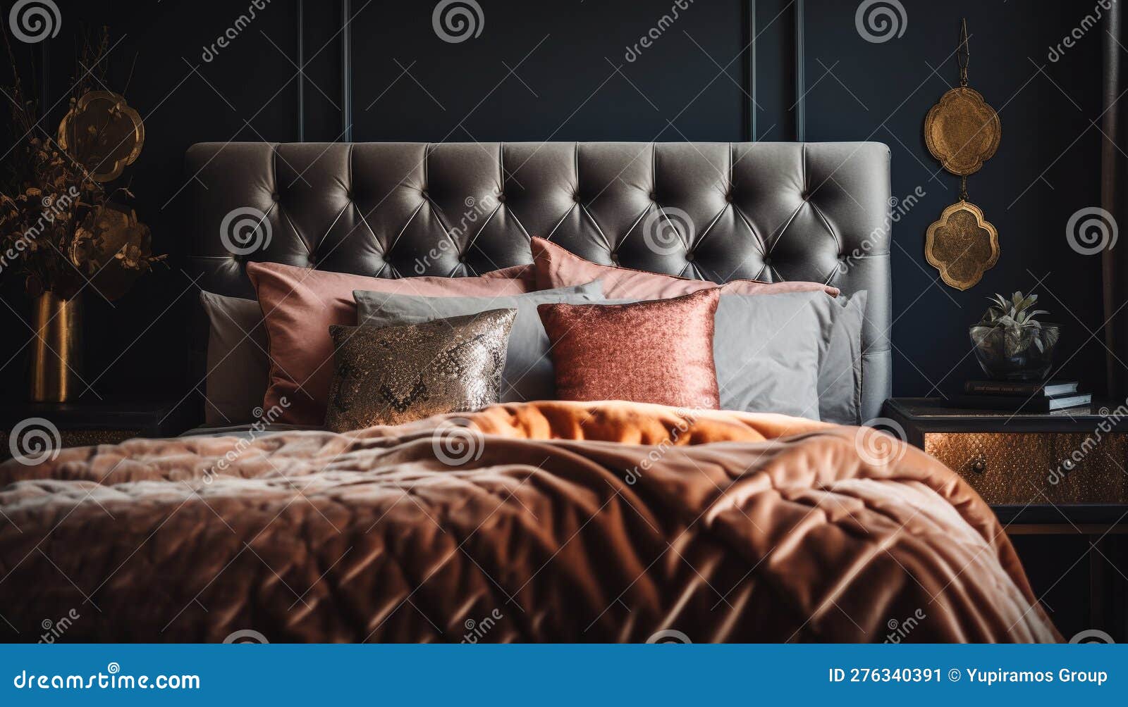 Cozy Modern Bedroom with Luxury Bedding and Decor Generated by AI Stock