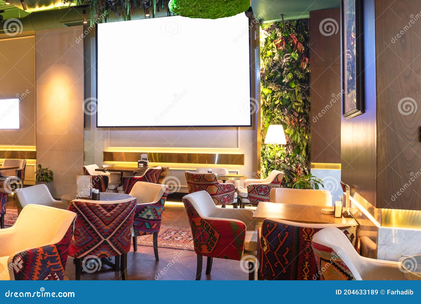 Cozy Modern Interior of Restaurant, Teahouse with White Projector