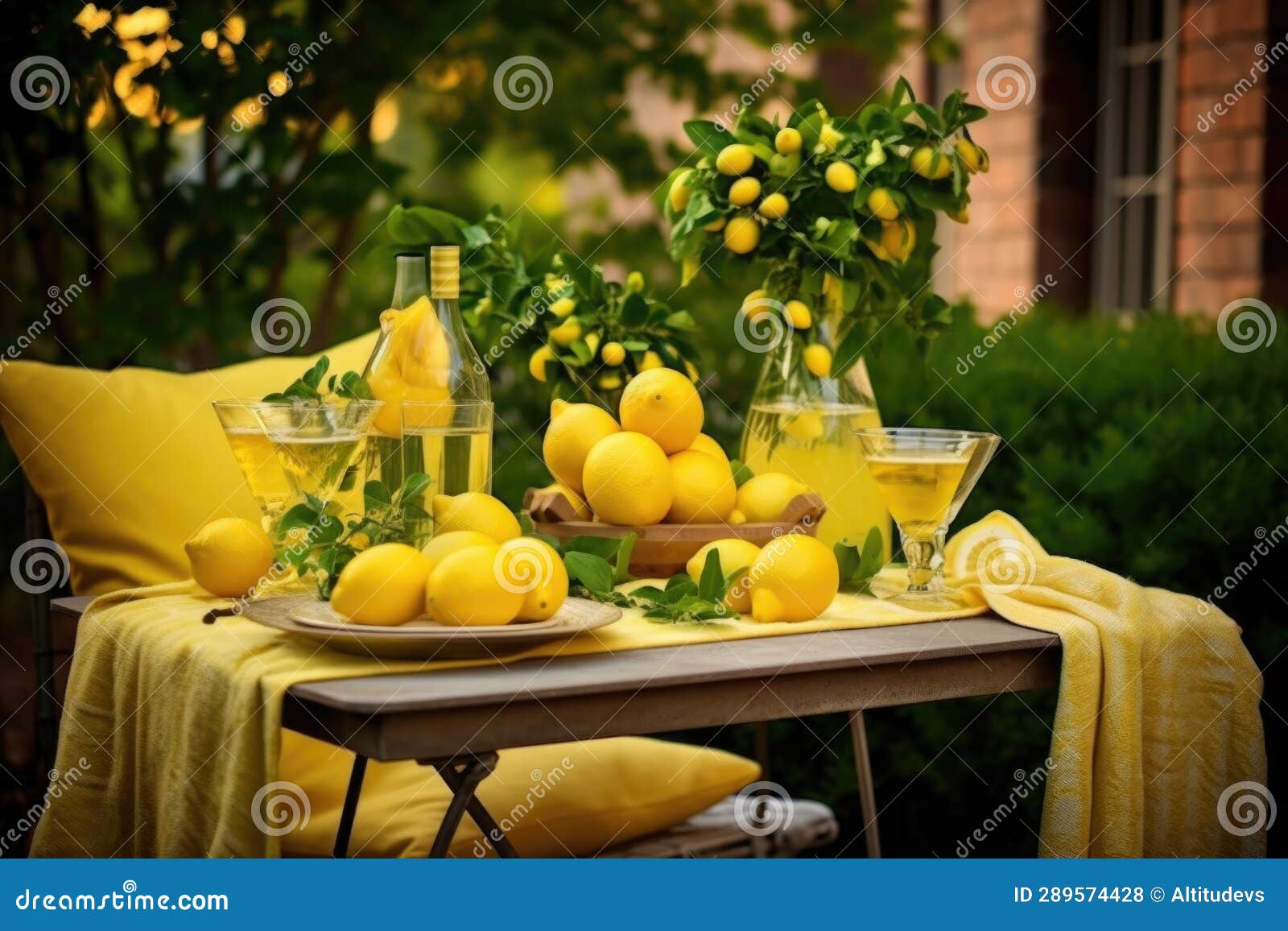 a cozy outdoor table setting with chilled limoncello and lemon-themed decor