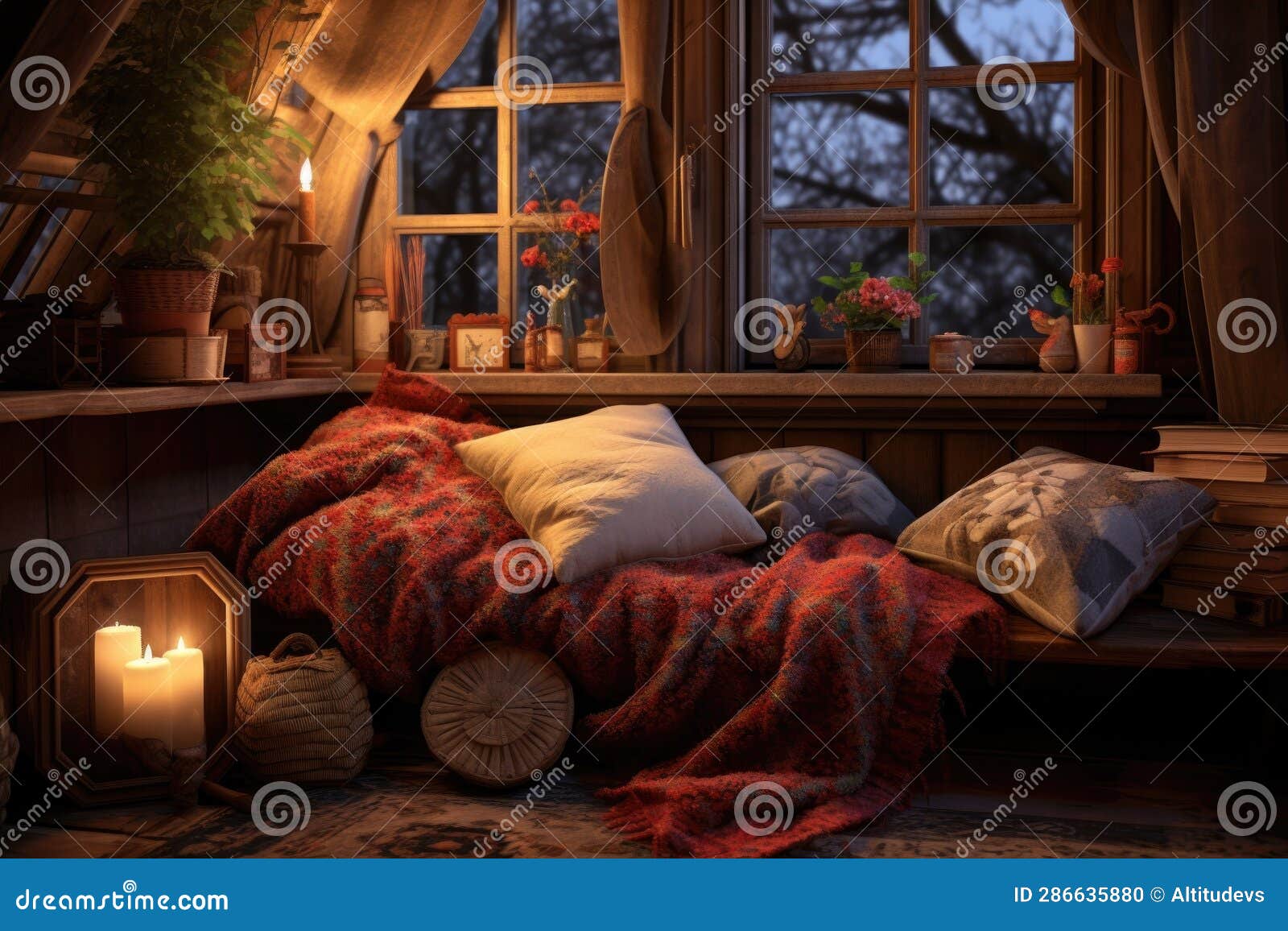 Cozy Reading Nook With A Blanket Cushions And A Book Stock Cozy Reading Nook With A Blanket Cushions And A Book Stock