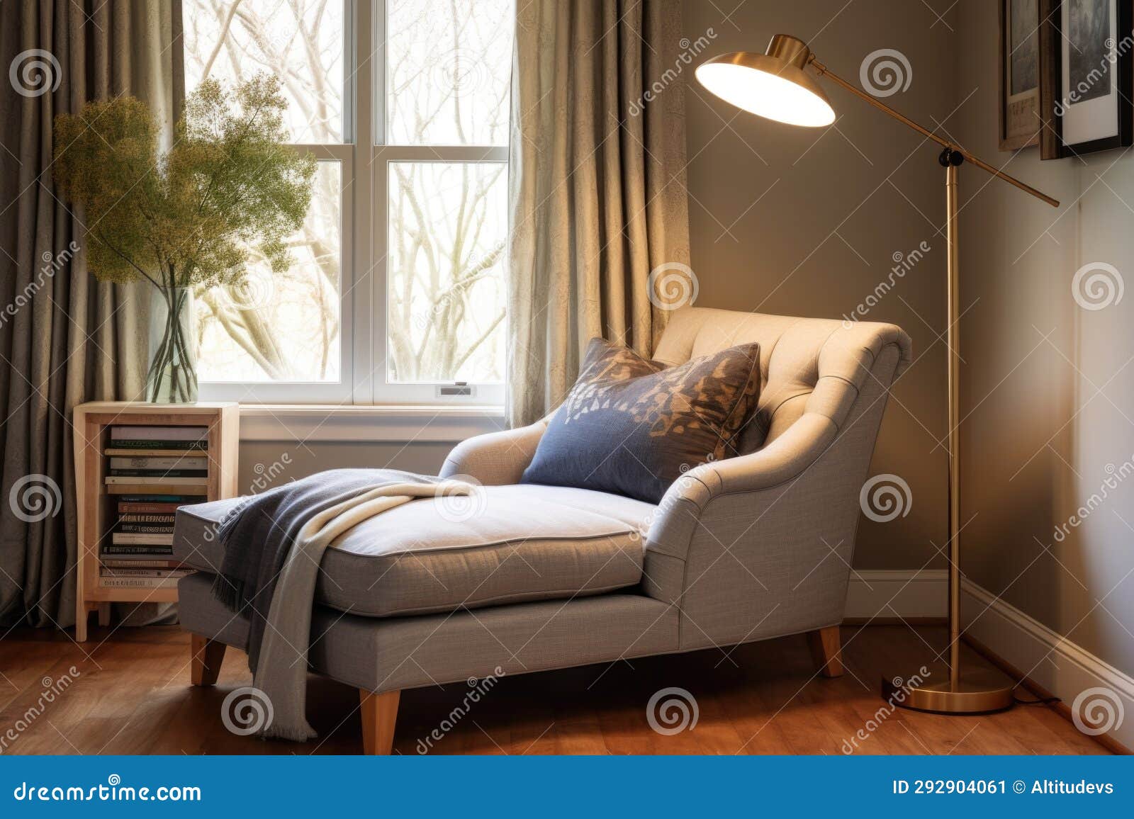 A Cozy Reading Nook with a Chaise Lounge and Floor Lamp Stock Image