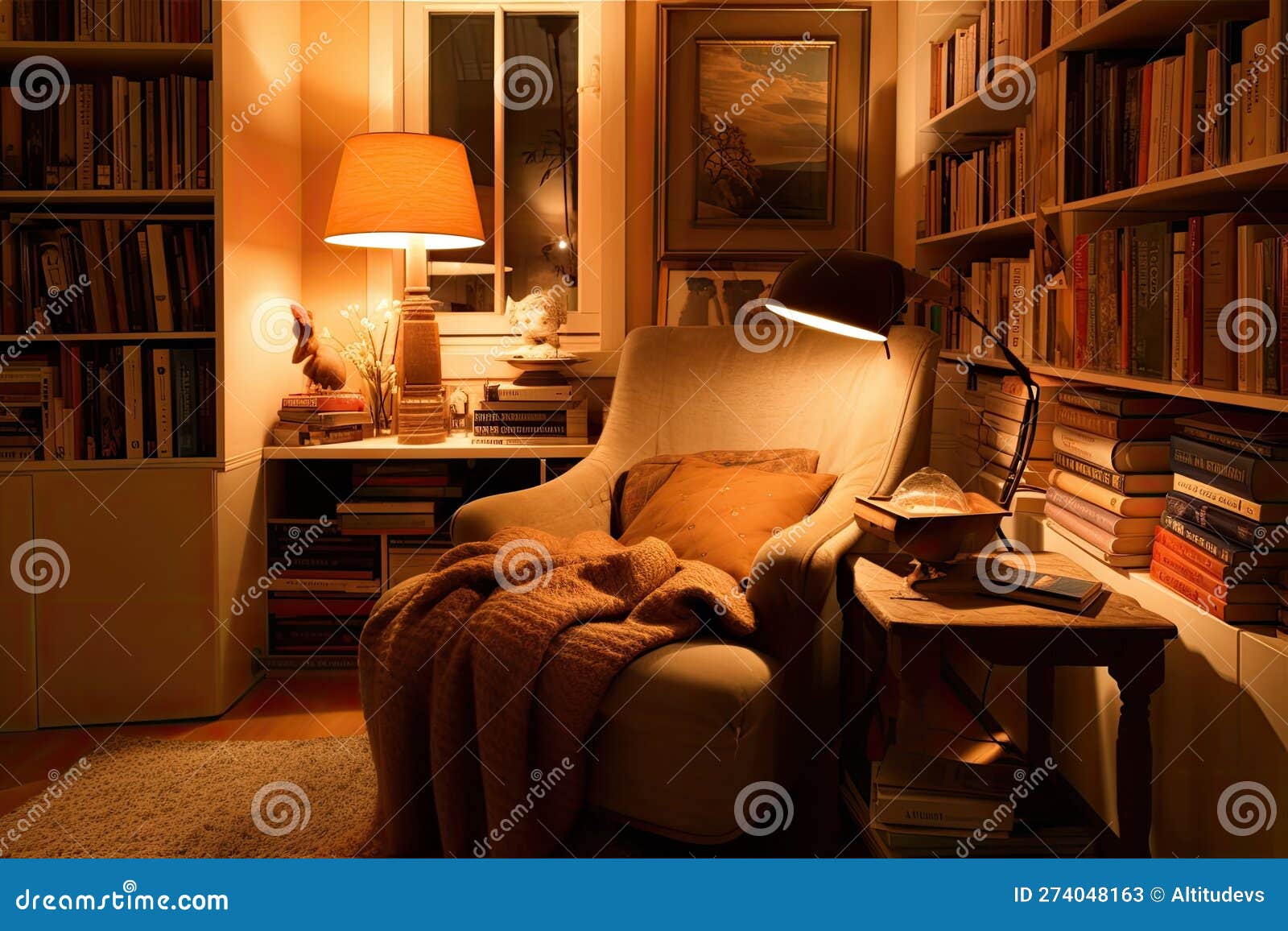 Cozy Reading Nook With Warm Lighting And A Stack Of Books Stock Image Cozy Reading Nook With Warm Lighting And A Stack Of Books Stock Image