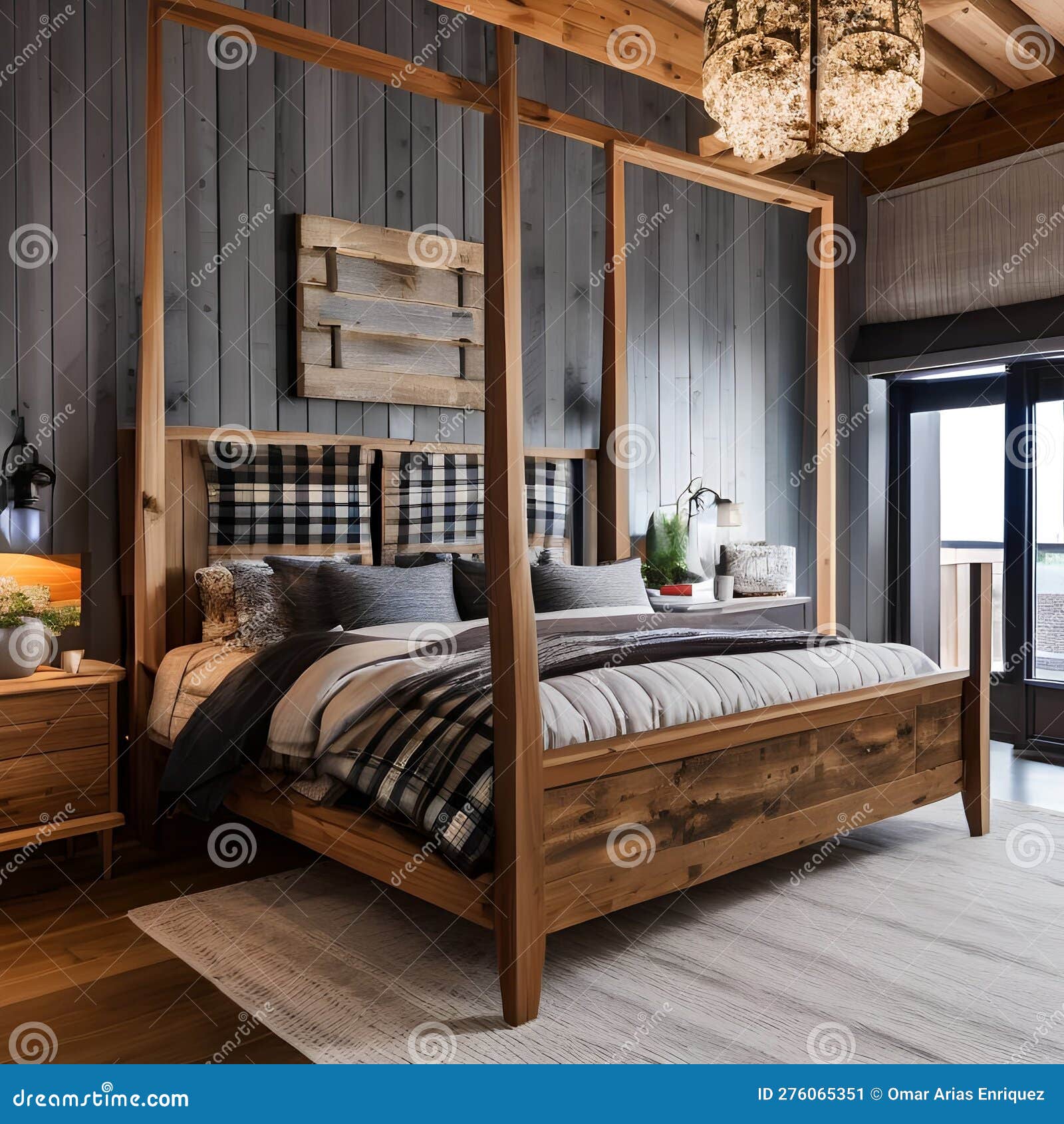 10 a Cozy, Rustic Bedroom with a Mix of Wooden and Plaid Finishes, a