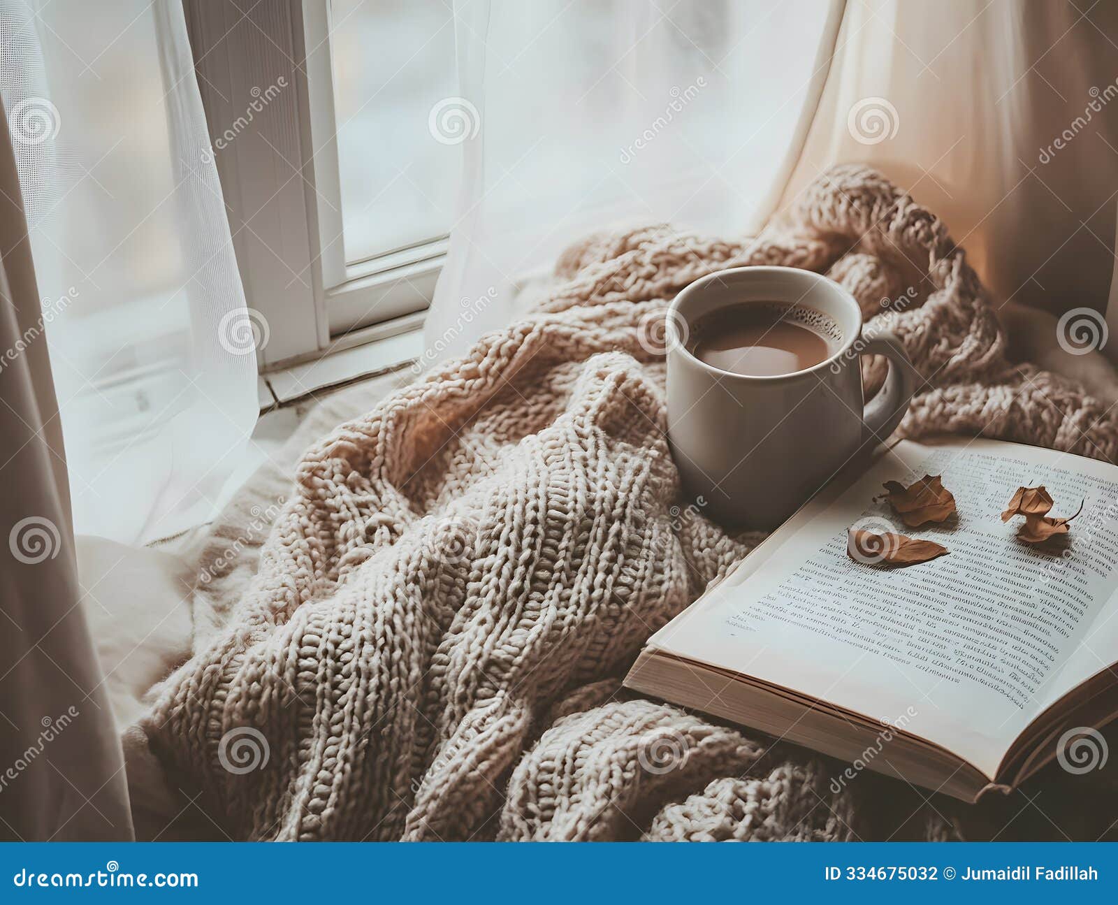 cozy knitted sweater next to a mug of hot chocolate and an open book on a window seat with scattered autumn leaves. inviting