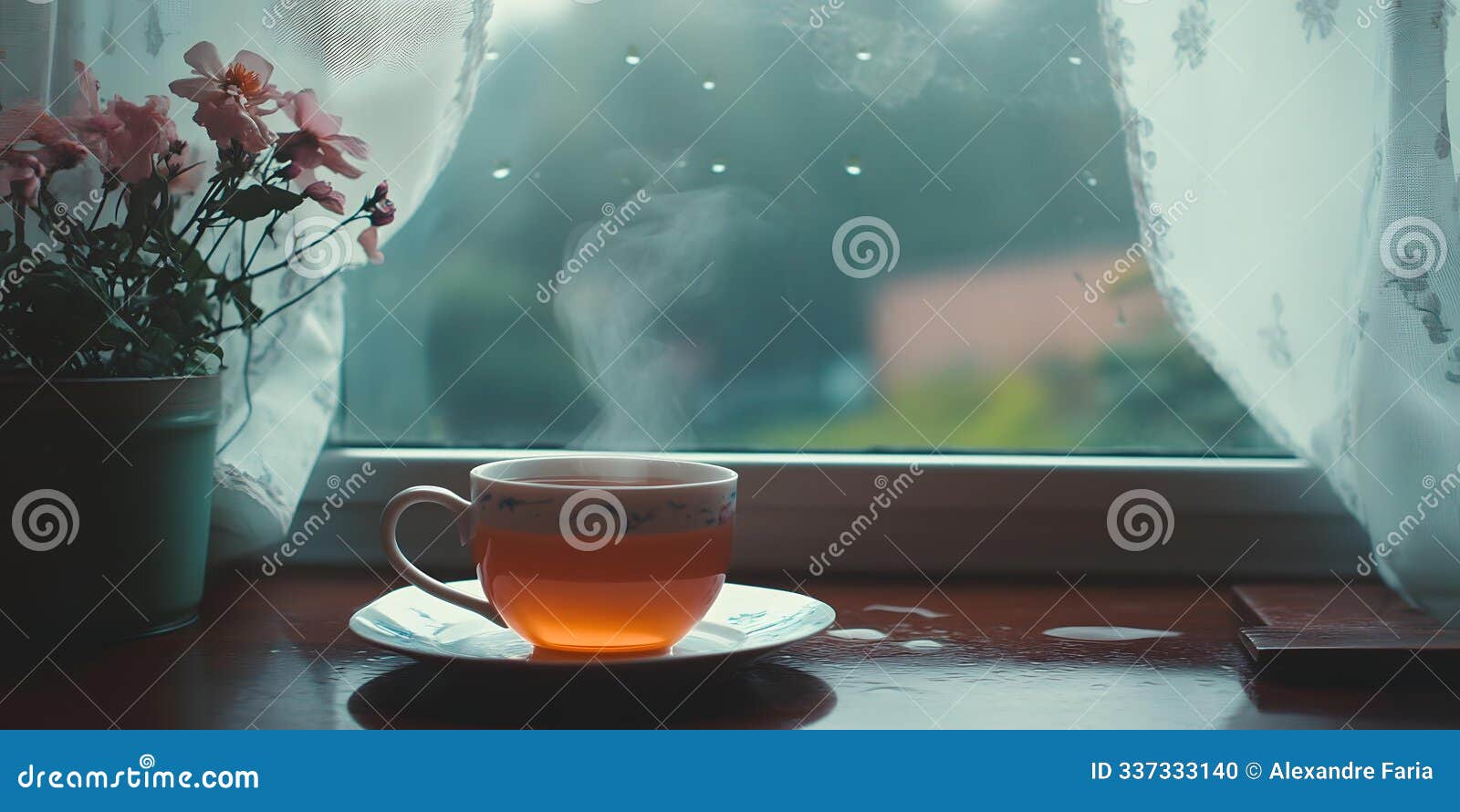 cozy scene with warm tea and rainy window