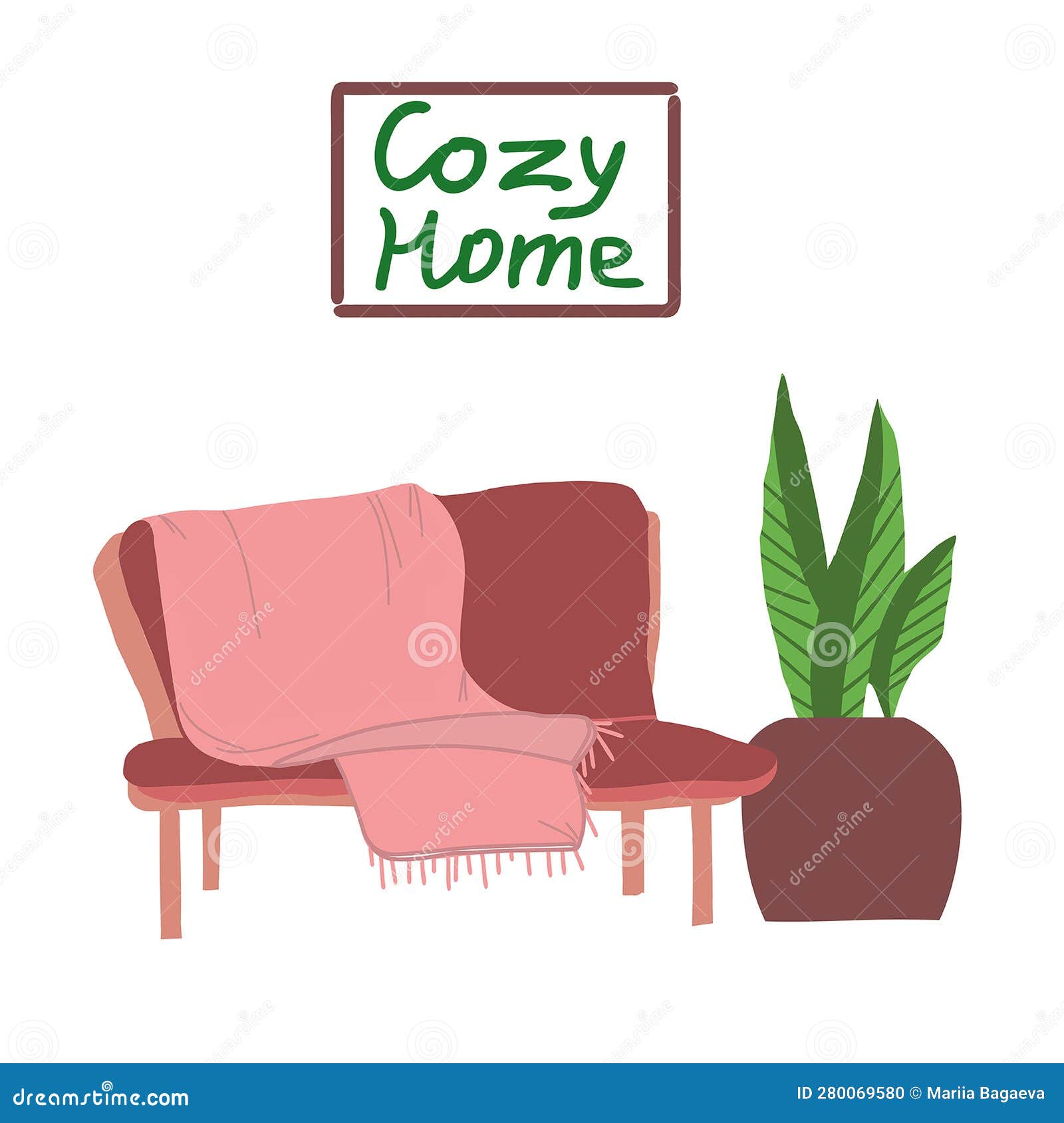Cozy Sofa with a Blanket and Potted Plant Stock Vector Illustration of lifestyles, lounge
