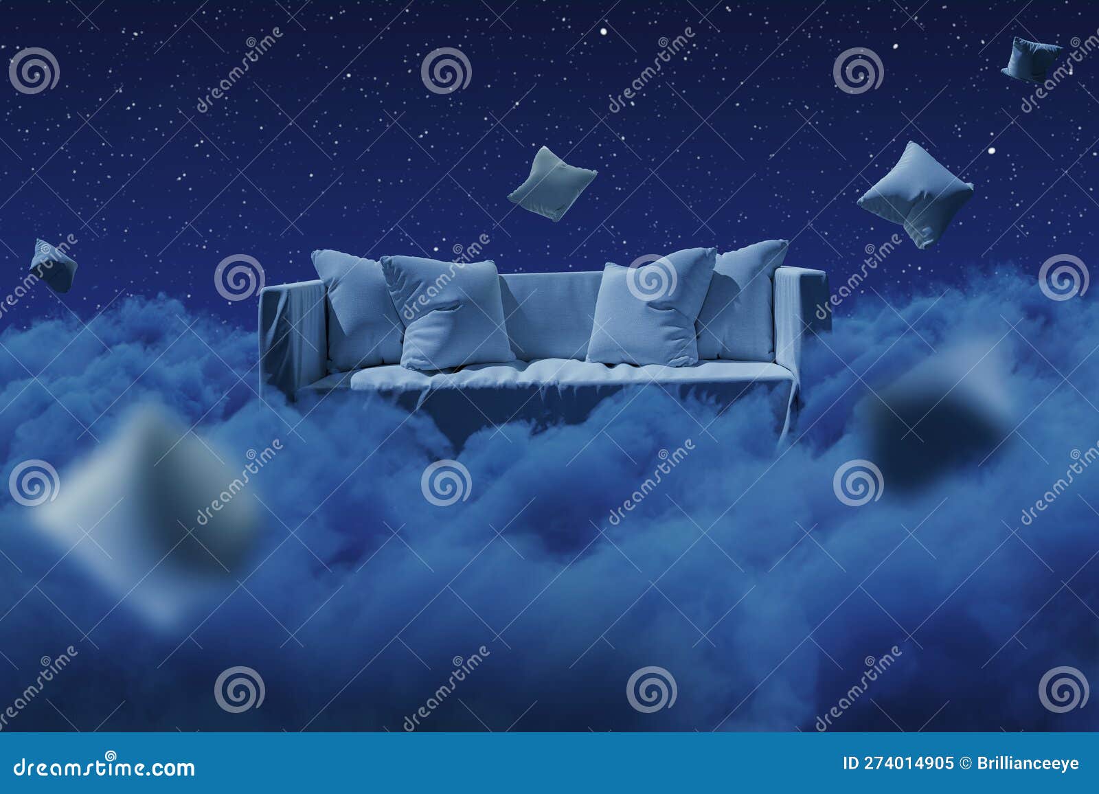 Cozy Sofa with Flying Pillows Over Fluffy Clouds at Night Stock