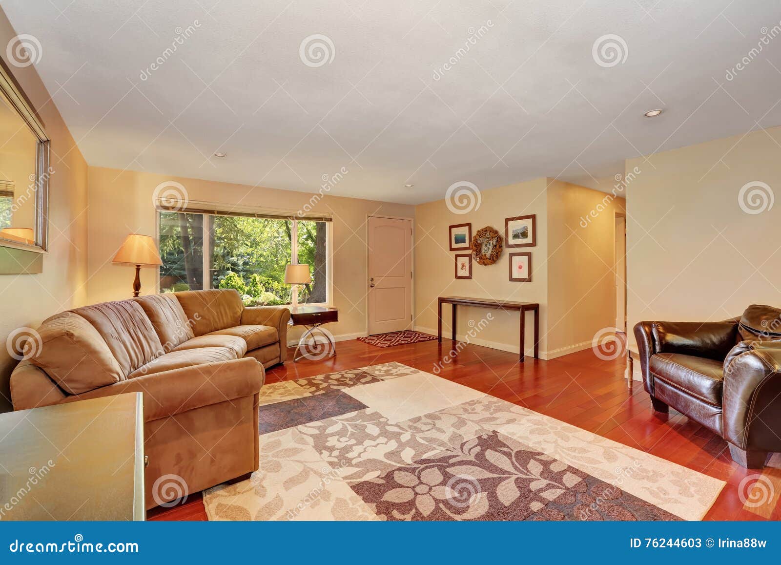 Cozy Spacious Living Room with Cherry Wood Floor. Stock Image ...