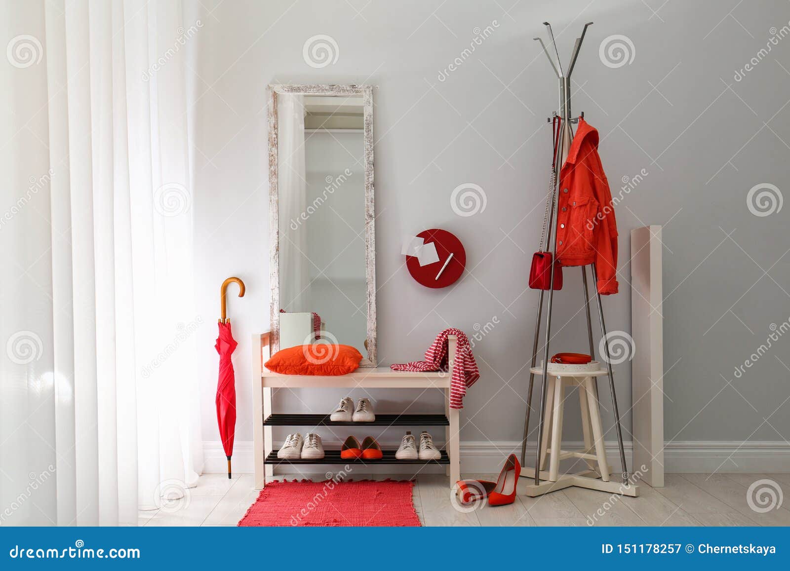 Cozy Stylish Hallway Interior With Shoe Rack And Mirror