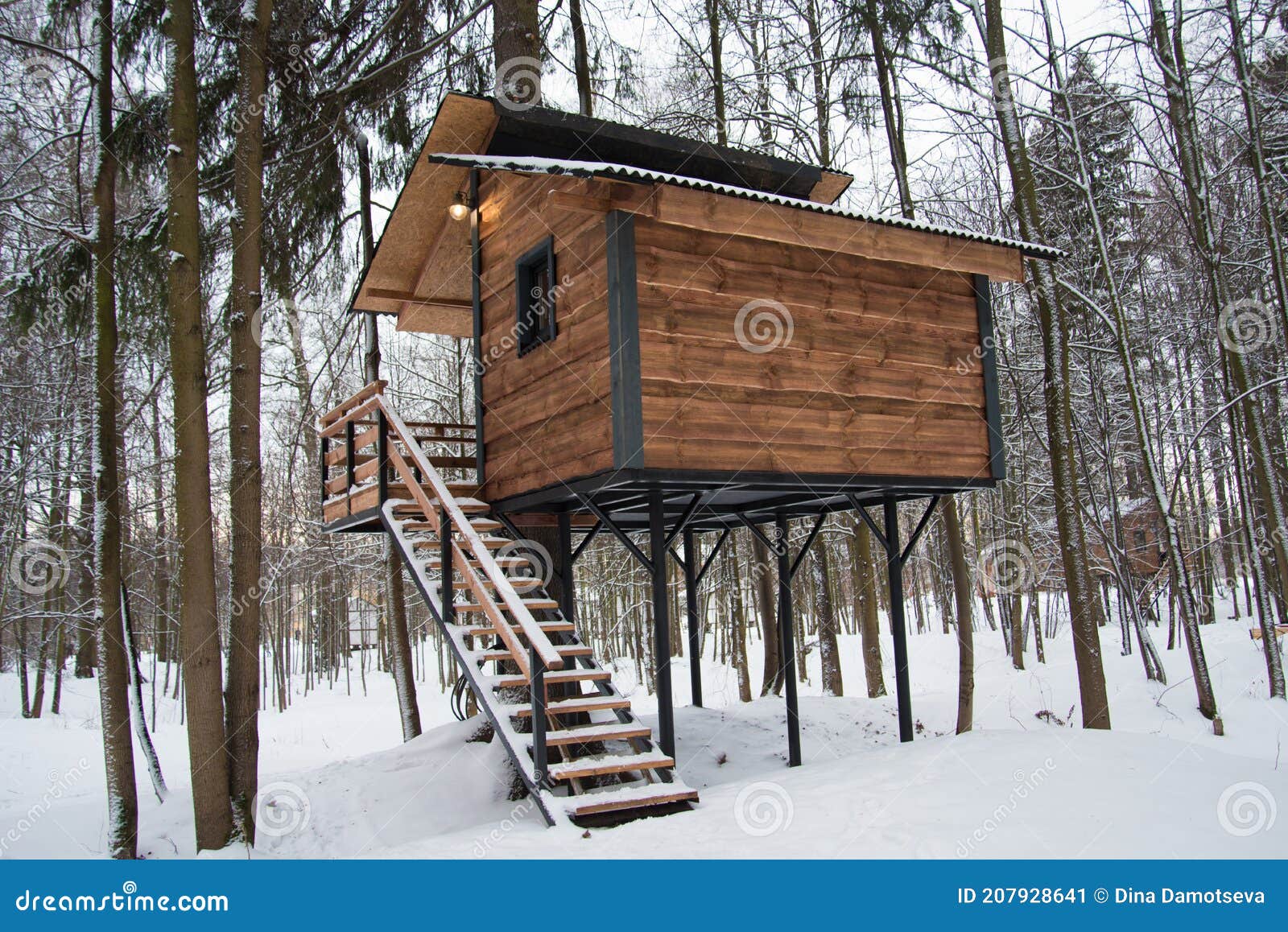 Cozy Tree House. among the Trees in the Winter Forest House Made of