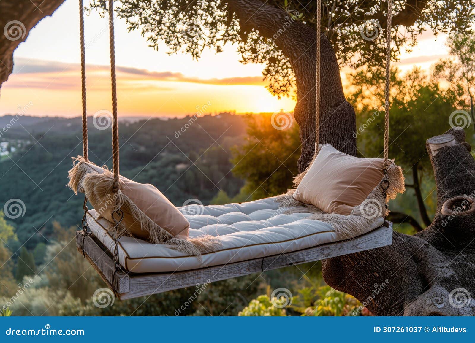 cozy tree swing for two with plush cushions and a view of the sunset
