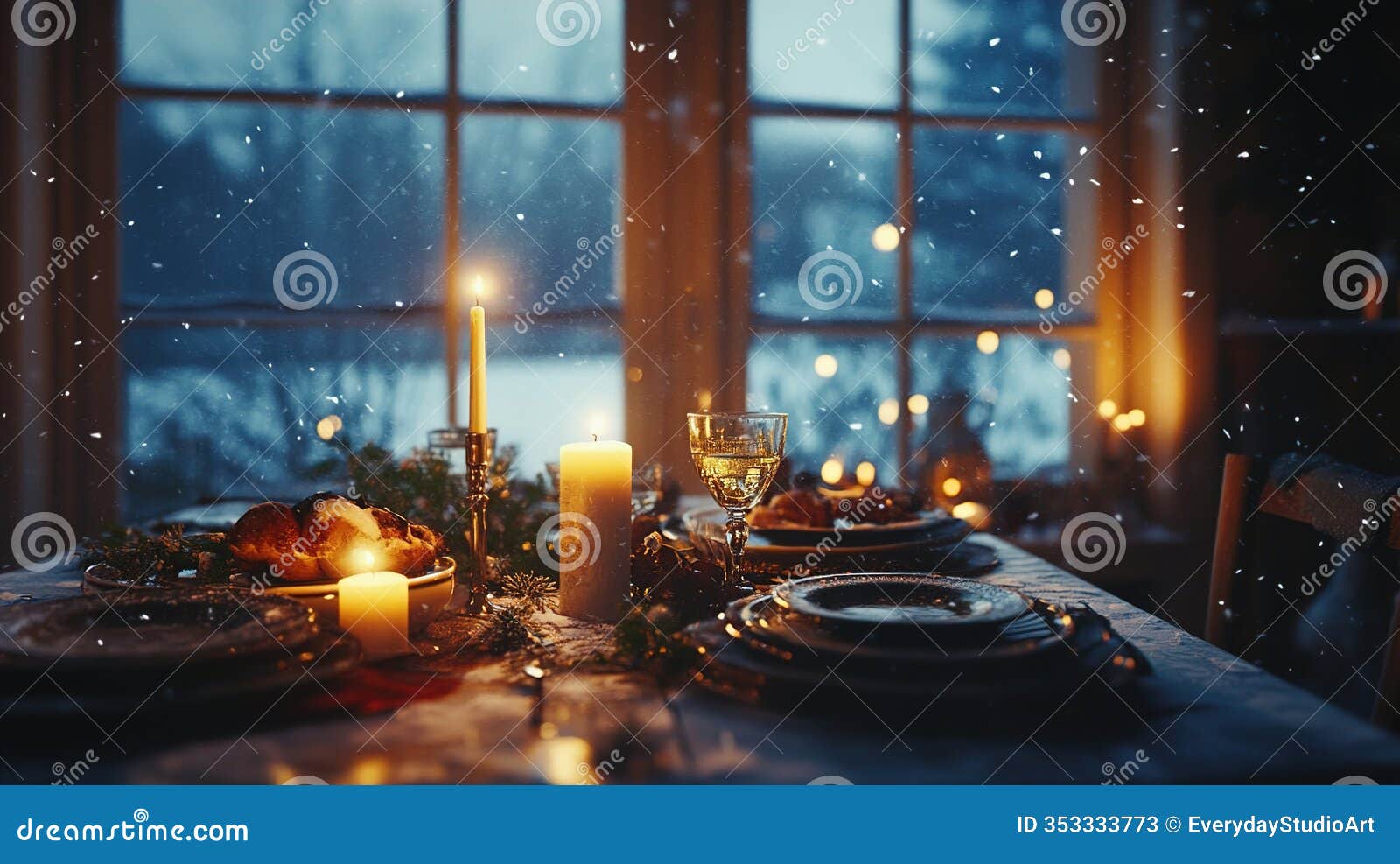 cozy winter dinner scene with festive candles, elegant table setting, snowy views, and warm atmosphere creating inviting ambiance
