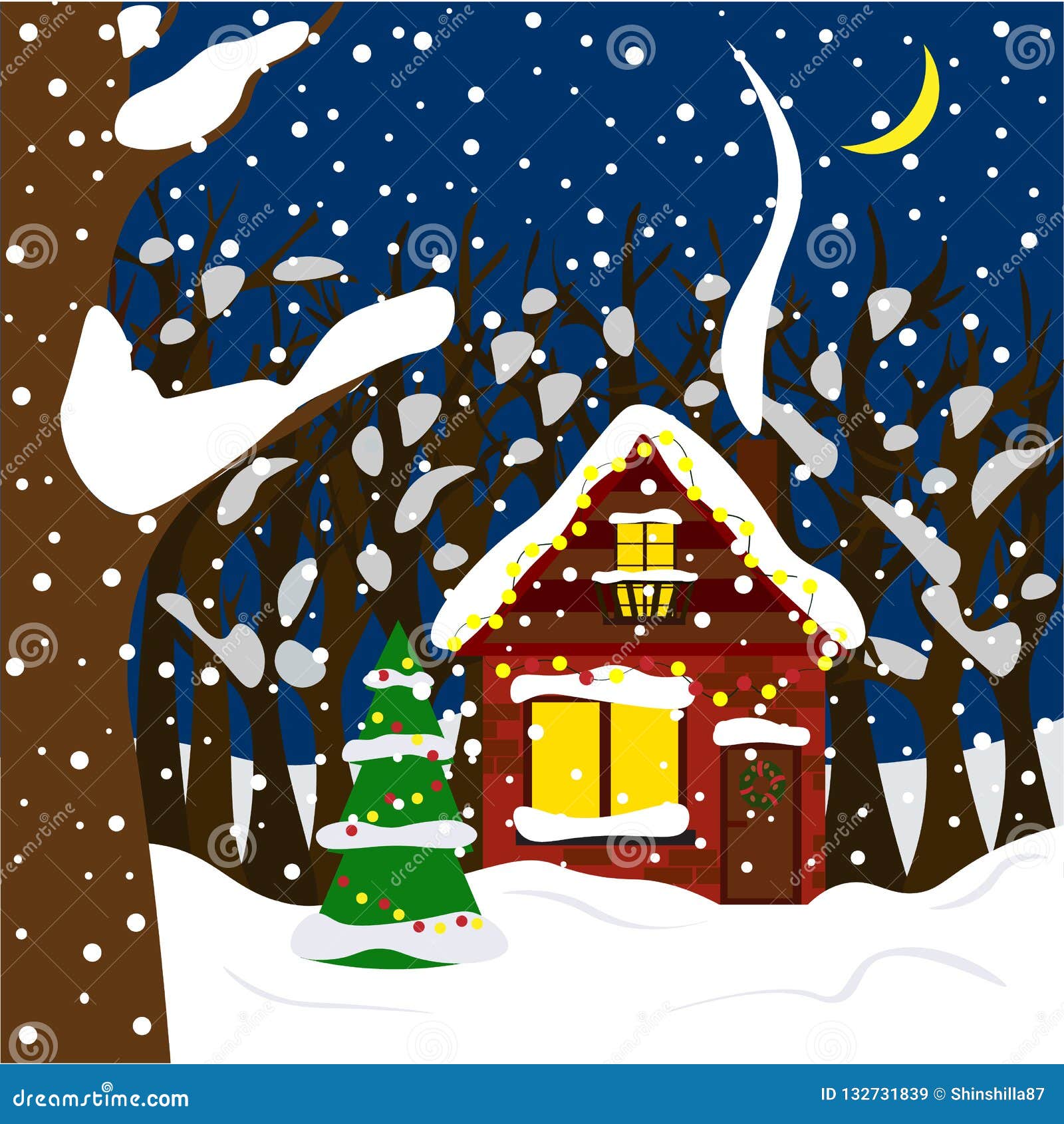Cozy Winter House In The Forest In Bright Garlands. Illustration In Flat Style. Stock Vector ...
