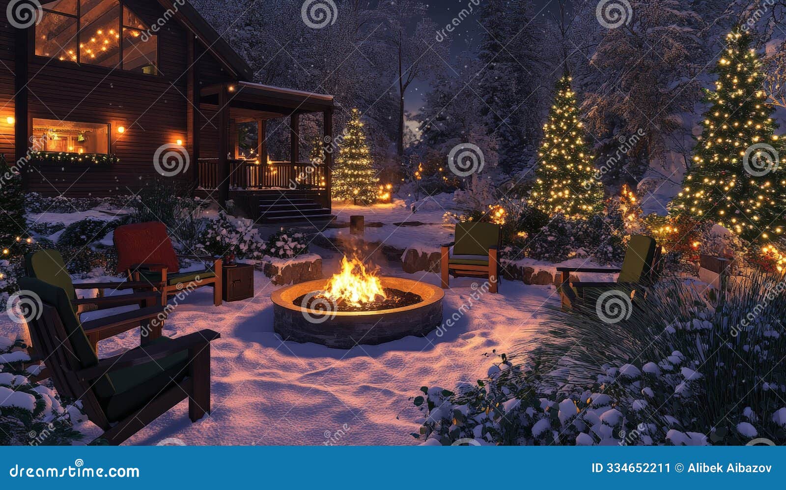 cozy winter night by the firepit with snowy cabin and festive lights