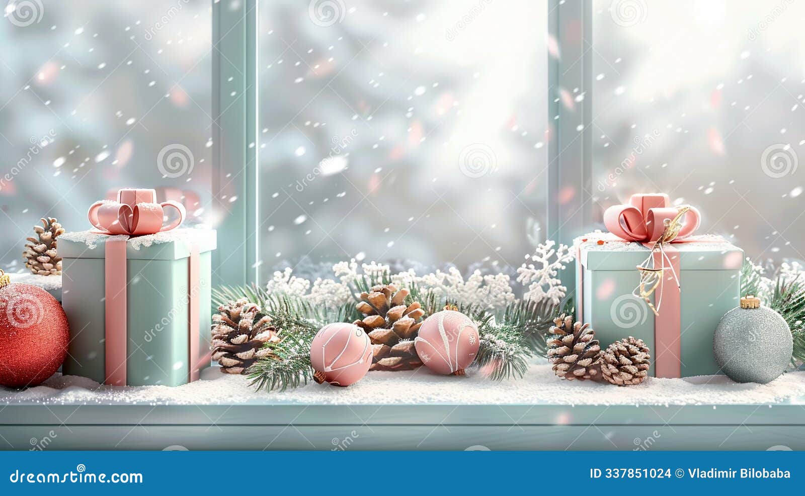 charming winter window display with beautifully wrapped gifts and festive decorations