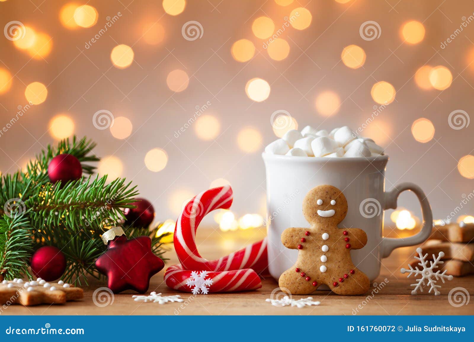 cozy wintertime scene. gingerbread man, cup of hot cocoa with marshmallow and christmas fir branch