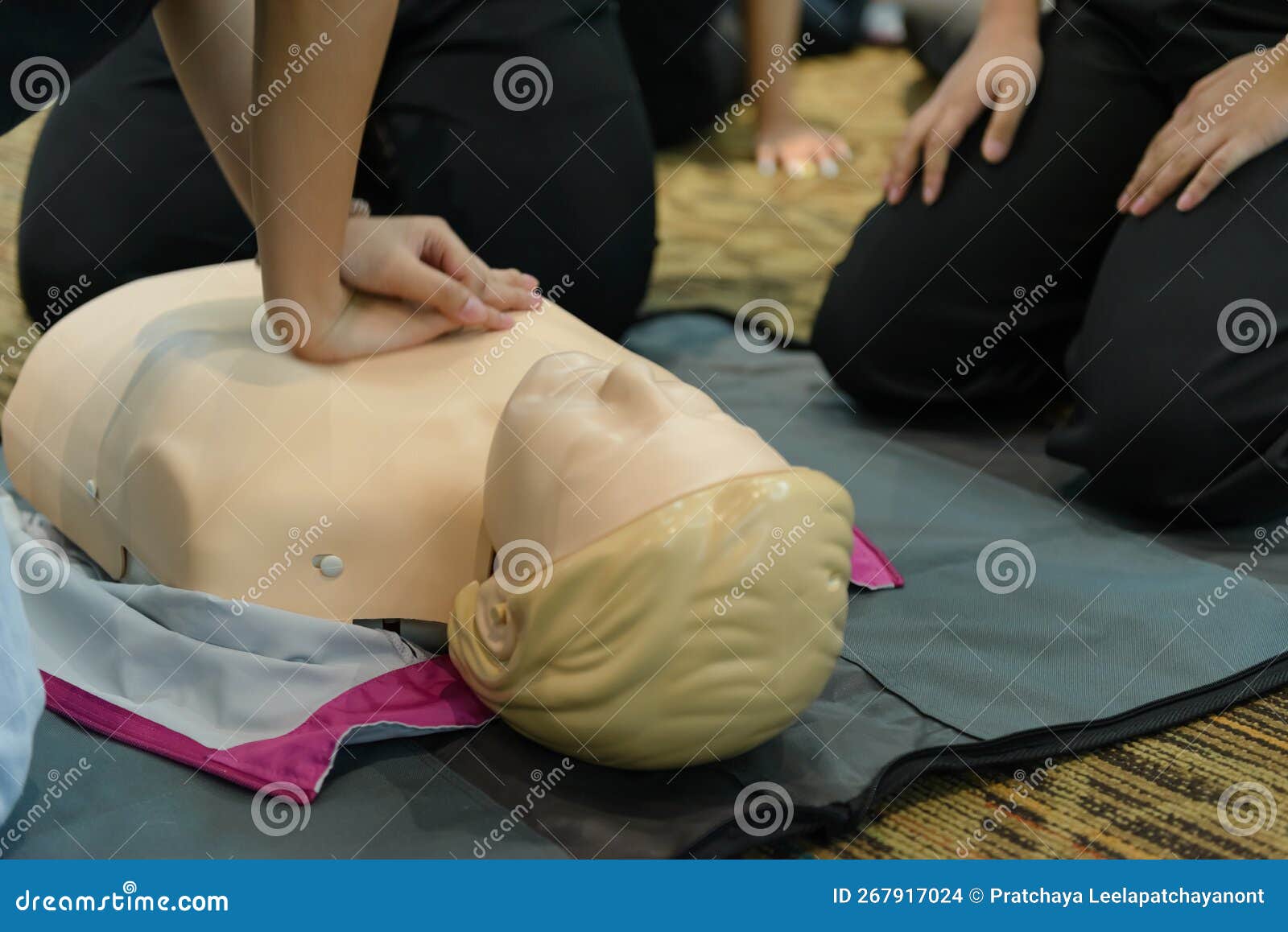 cpr first aid training with cpr dummy in the class. demonstrating chest compressions concept