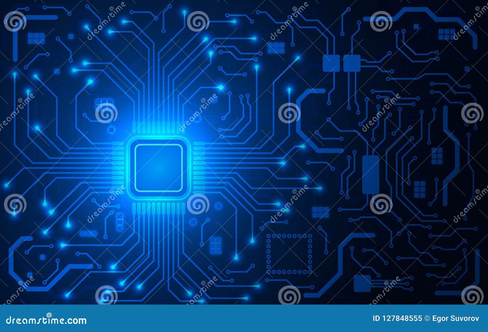 cpu chip and circuit board. blue microprocessor background. computer motherboard. bright connections. abstract light