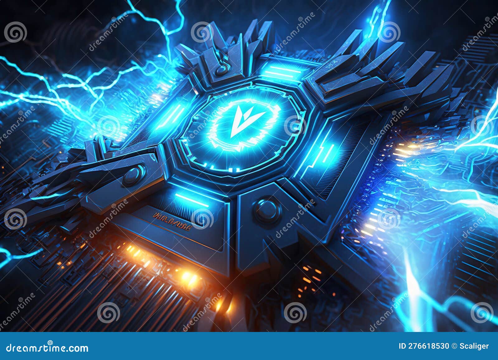 CPU Chip On Circuit Board, Processor With Magic Blue Light Inside