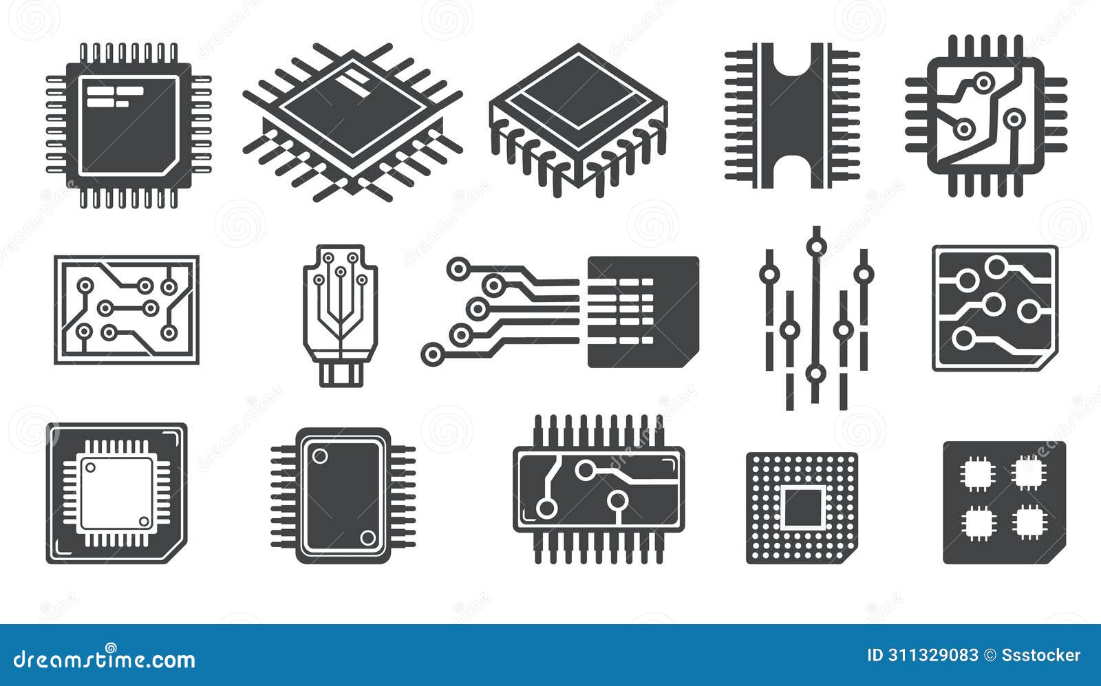 cpu chips cartoon icons. micro processor electronic microchip logo, cpu gpu quantum chip for circuit network