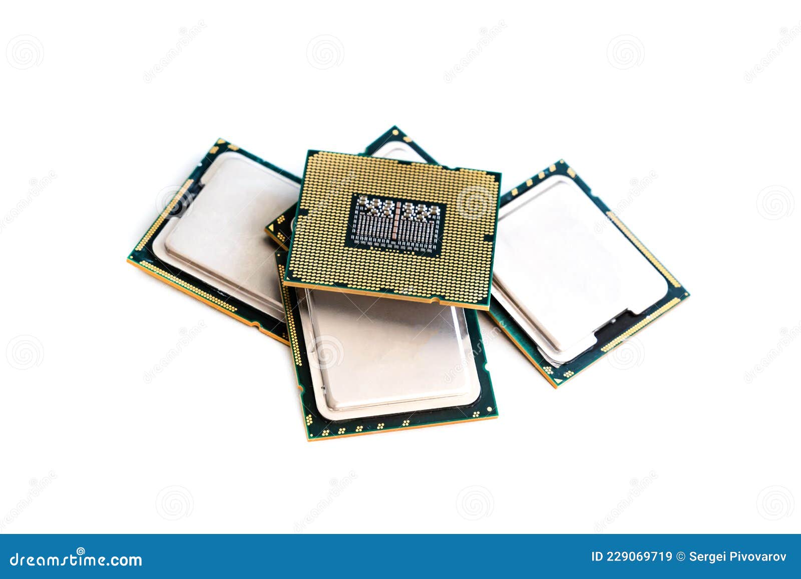 cpu or microchip computer set with gold stroy on the background of silver chips