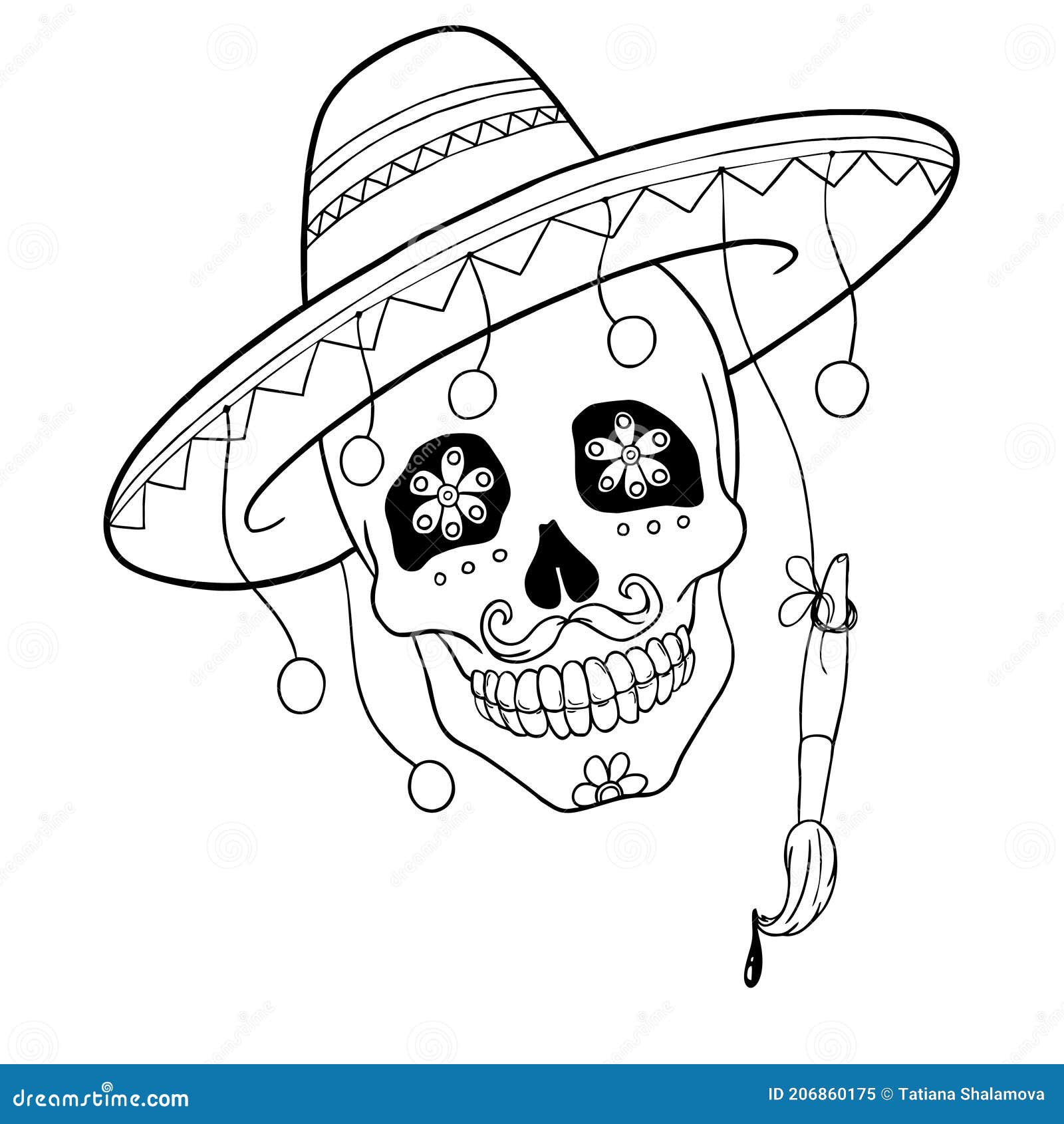 Cráneo De Azúcar Aislado Con Brocha Para El Día De Los Muertos. Contorno Para  Colorear. Ilustración del Vector - Ilustración de contorno, bigote:  206860175