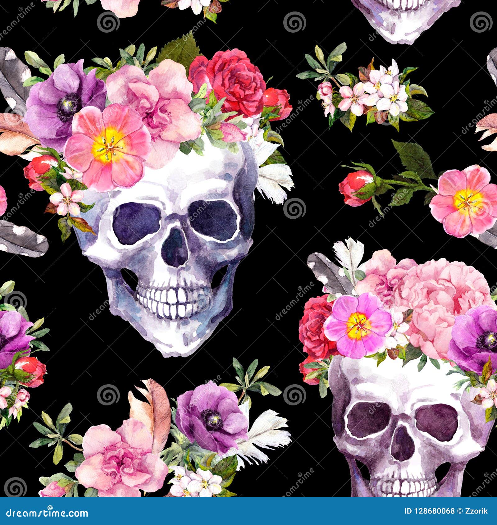 Cráneos Humanos, Flores Para El Día De Fiesta De Dia De Muertos, Día De  Muertos, Halloween Modelo Inconsútil En Fondo Negro Stock de ilustración -  Ilustración de halloween, wallpaper: 128680068