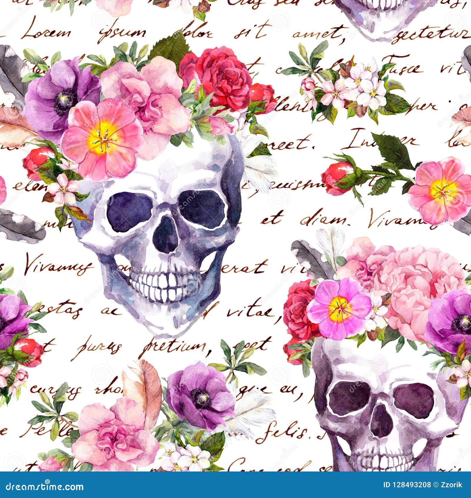 Cráneos Humanos, Flores Para El Día De Fiesta De Dia De Muertos Modelo  Inconsútil Con El Texto Escrito De La Mano Watercolor Stock de ilustración  - Ilustración de texto, muerto: 128493208