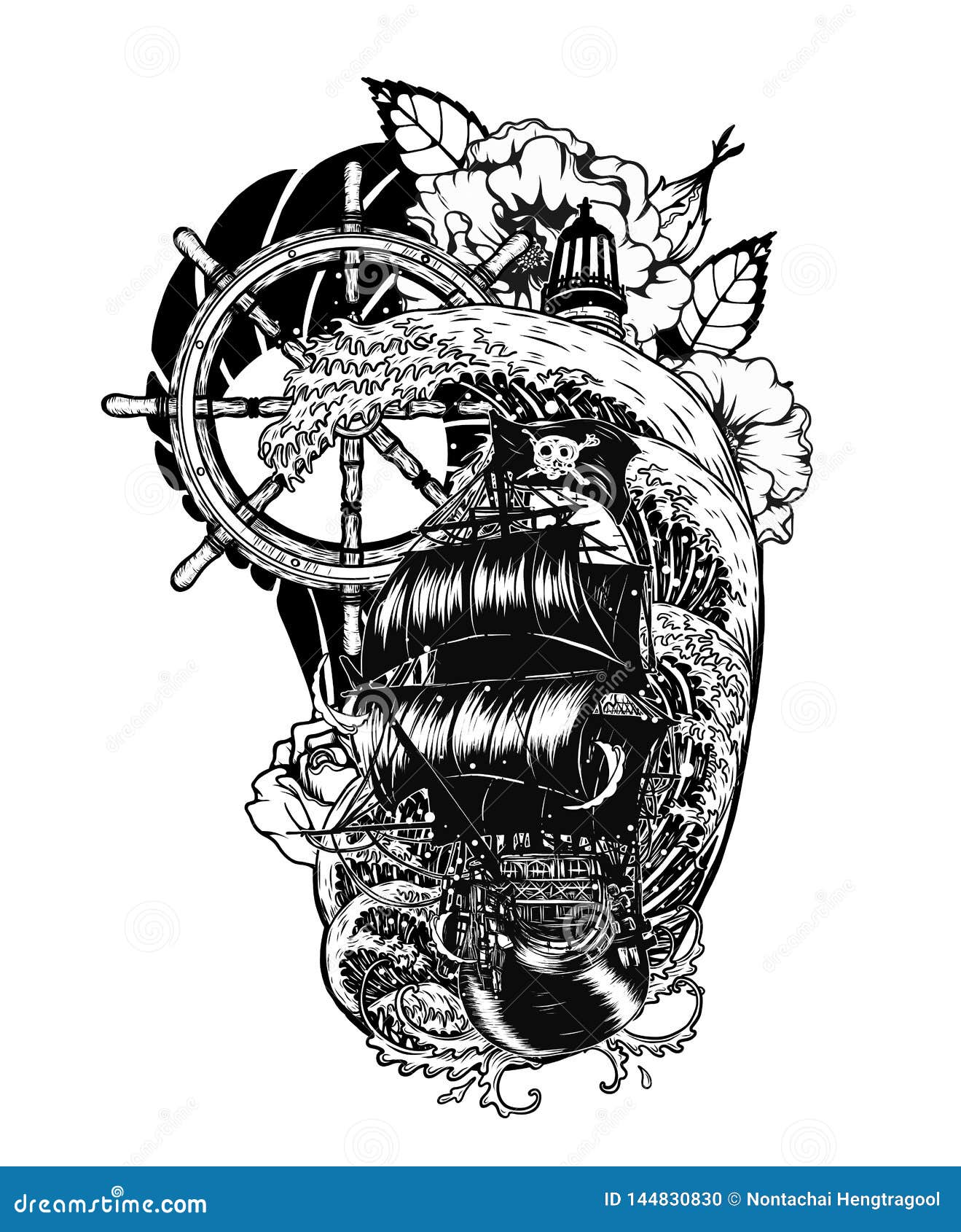 Cr Ne De Pirate Avec Le Tatouage De Vecteur De Bateau Dessinant La Main Illustration De Vecteur Illustration Du Tatouage Pirate 144830830