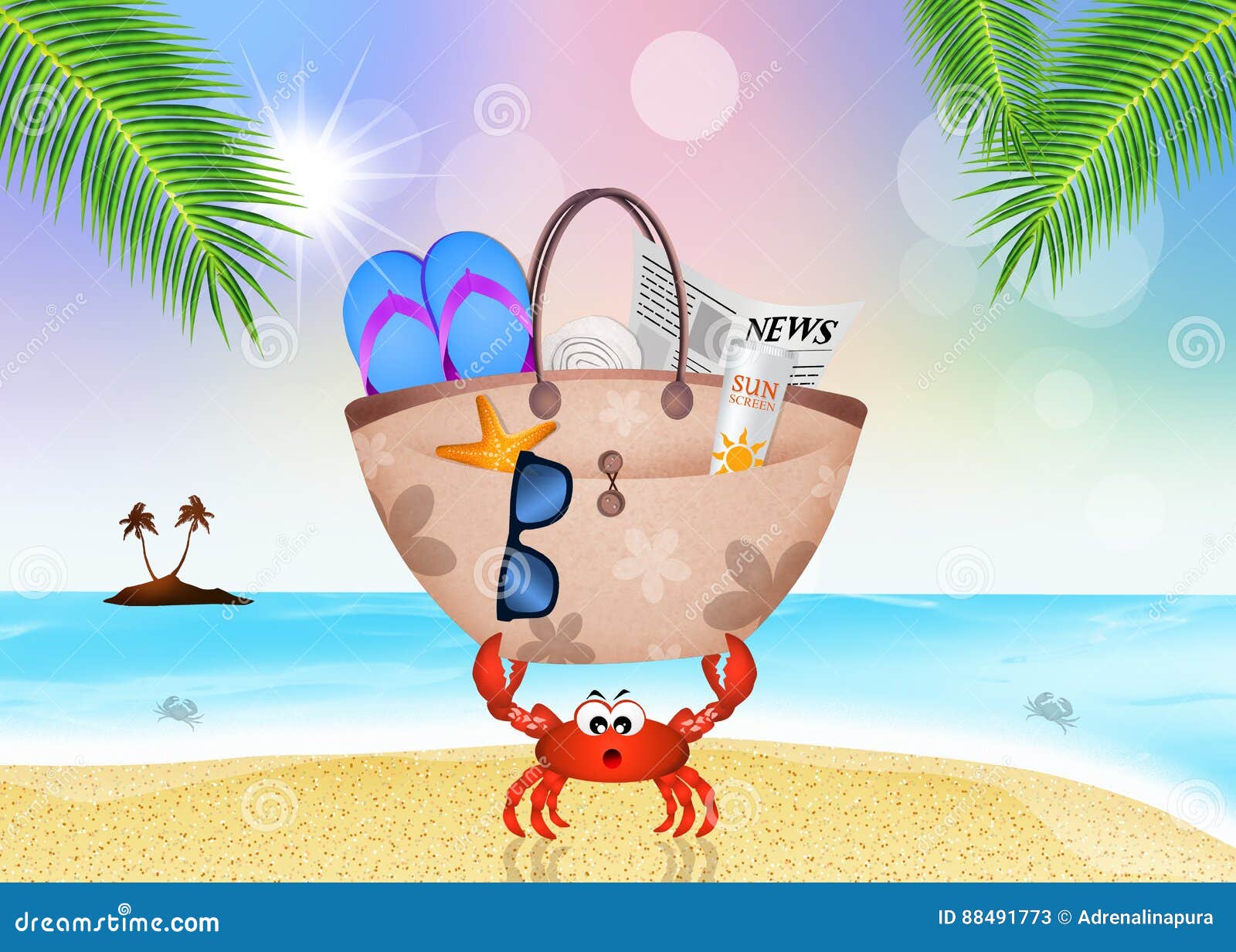 Crab with beach bag stock illustration. Illustration of ocean - 88491773