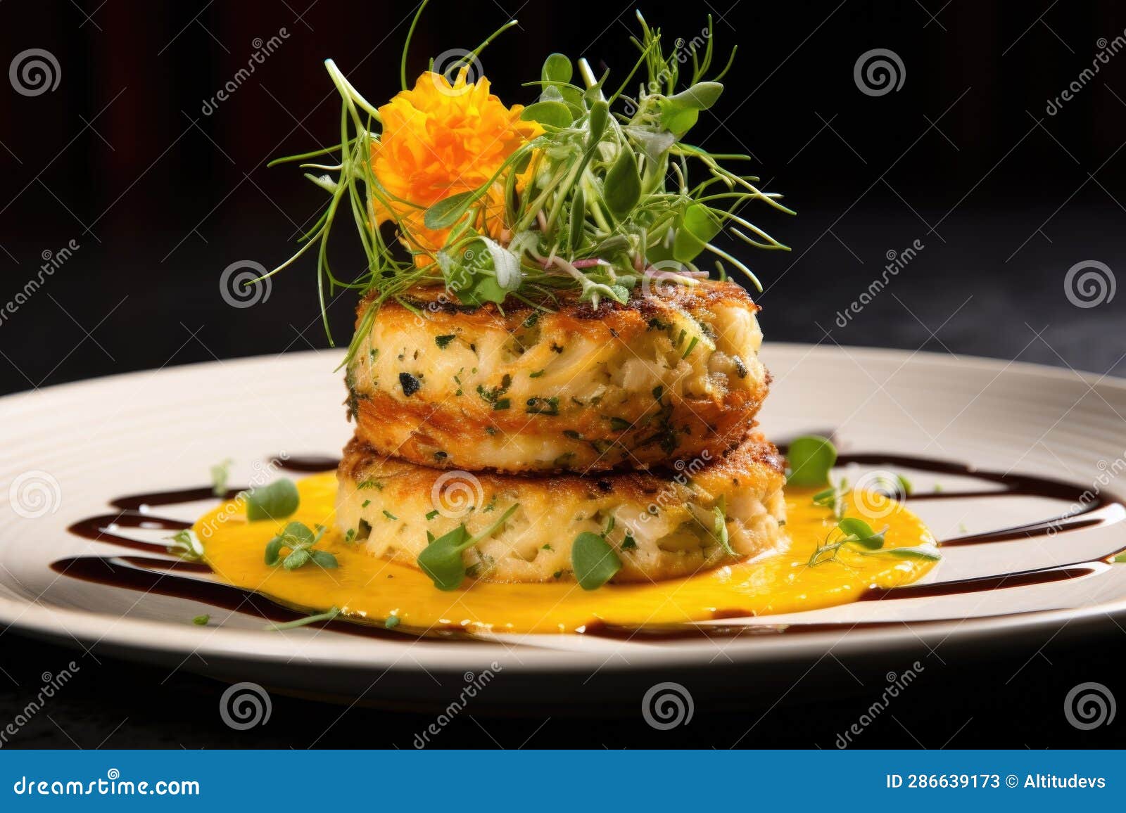 Crab Cakes Garnished with Herbs Stock Illustration Illustration of