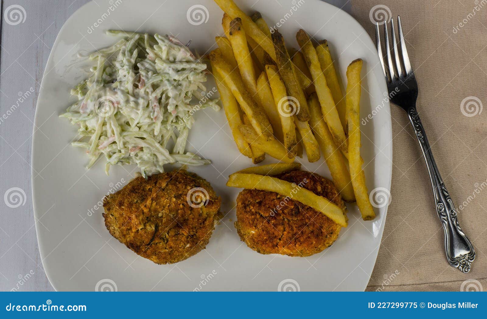 Crab Cakes with Fries and Served with Cole Slaw Stock Image Image of