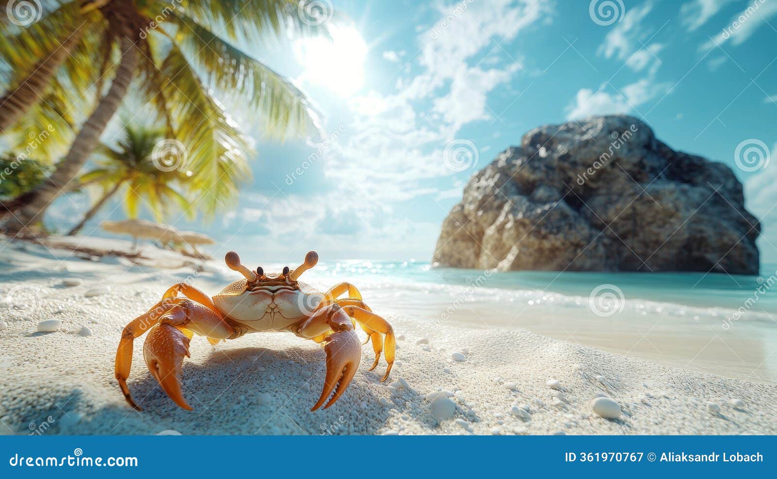 crab exploring a tropical beach with palm trees, a large rock, and glistening water on a sunny day near the coast