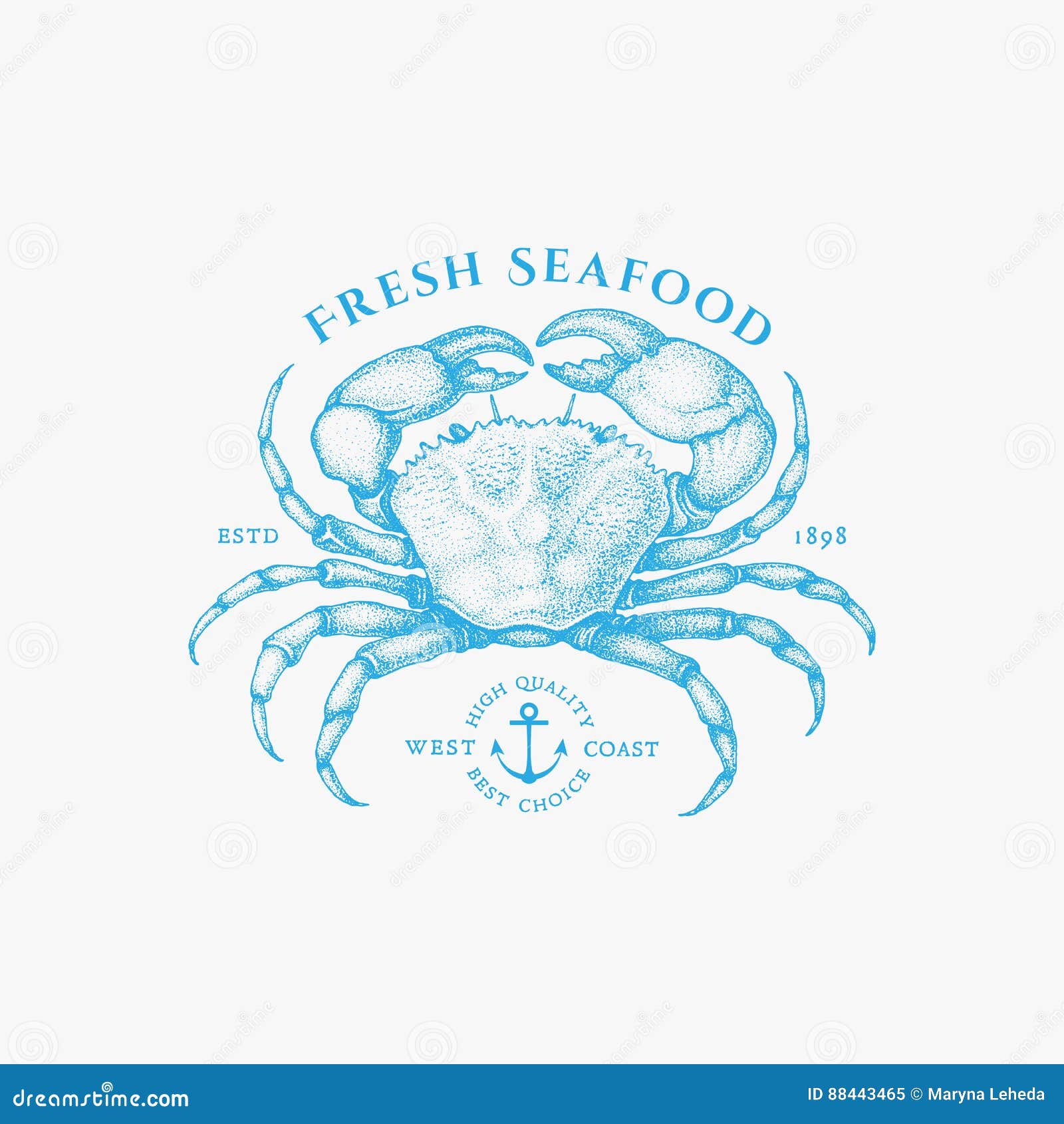 Crab label. Vintage label with ink hand drawn sketch of crab. Vector illustration.