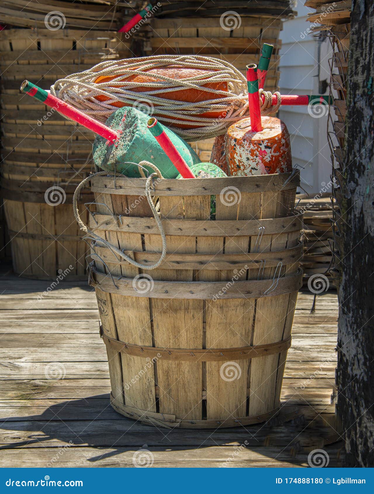 Crabpot Floats Stacked in Wooden Bushel Baskets on Pier Stock Photo - Image  of crabshack, pier: 174888180