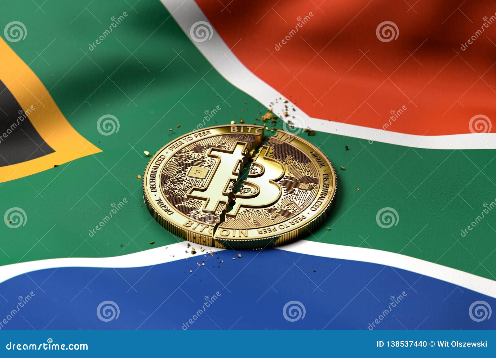 Cracked Bitcoin Coin On South African Flag Bad Bitcoin Condition In - 