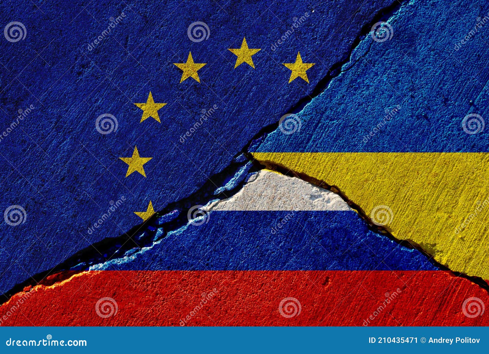 cracked wall with painted eu, russia and ukraine flags