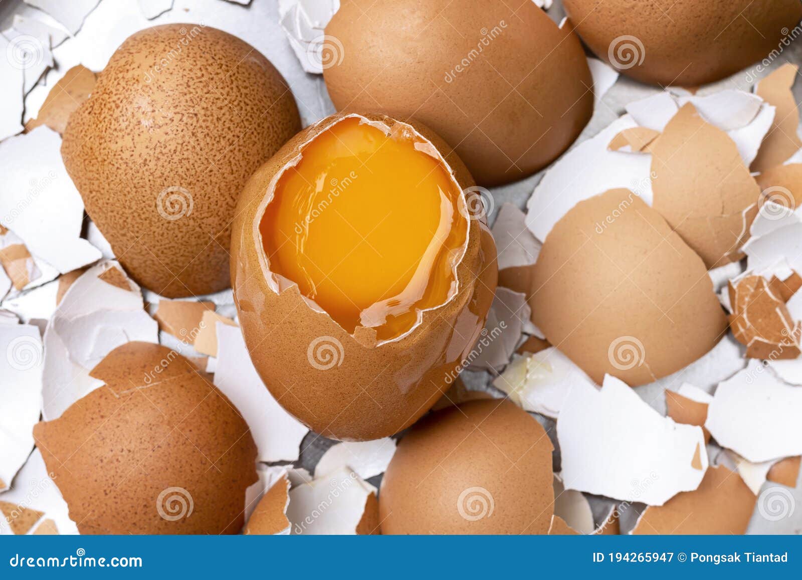 The Cracked Egg Sees the Yolk Inside Placed on a Broken Eggshell Slice