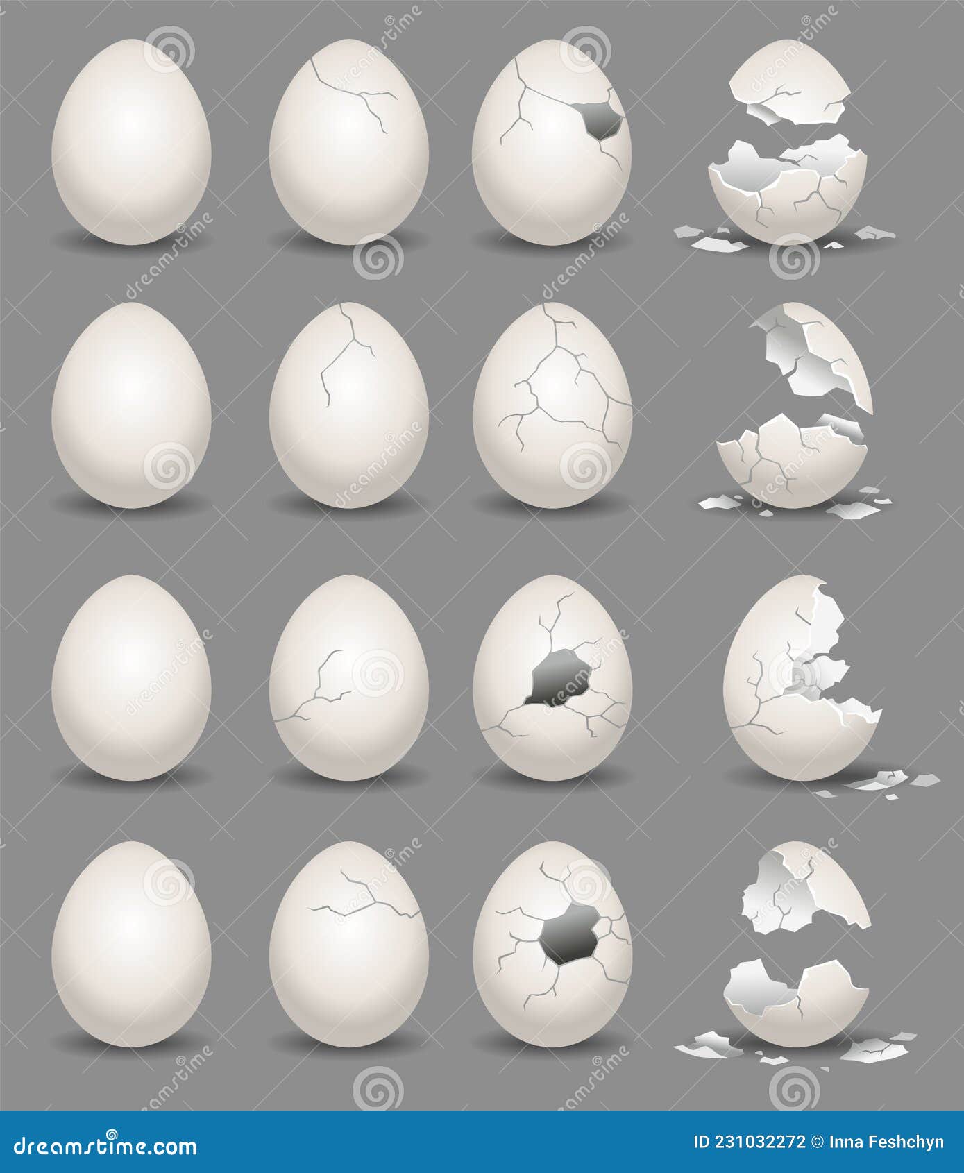 Cracked Eggs. Eggshell Cracking Stages. Set of Realistic Chicken Eggs